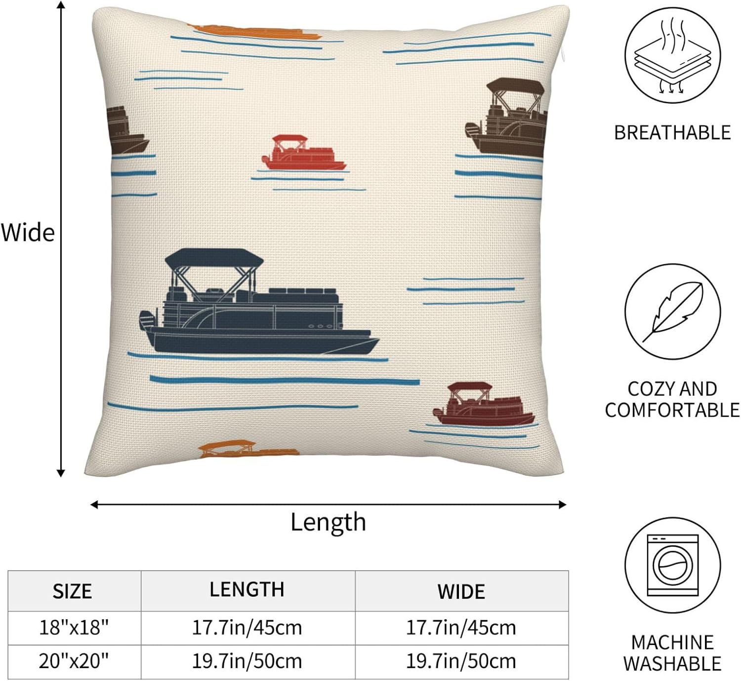 Pontoon Boat Lake Throw Pillow Covers Beach Canopy Dock Square Pillow Cover 18x18 Inch Set of 2 Watercraft Blue Brown Decorative Pillowcase Cushion Cases Home Decor for Couch Sofa - Image 4