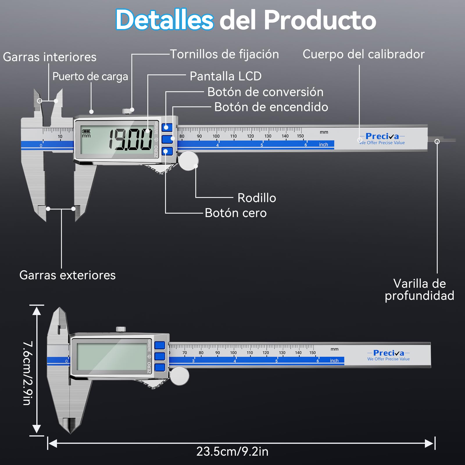 Preciva Calibre Digital, Pie de Rey Digital USB-C Recargable, 150mm Calibrador Digital con Pantalla LCD Grande, Acero Inoxidable, Conversión MM/Pulgadas Profesional y Hogar