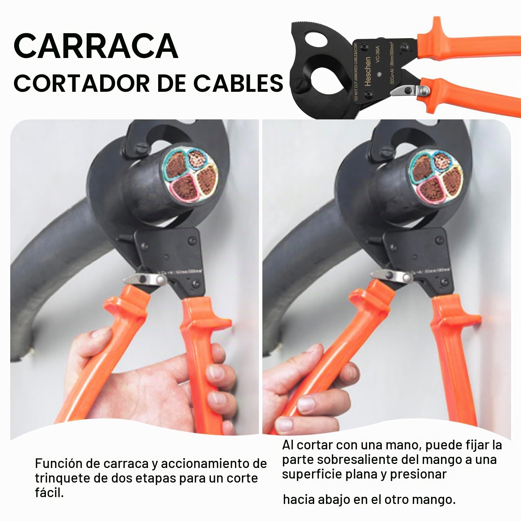 Heschen Cortador de cables de trinquete VC-60A para pelacables de 60 mm/500 mm², herramienta de crimpado manual