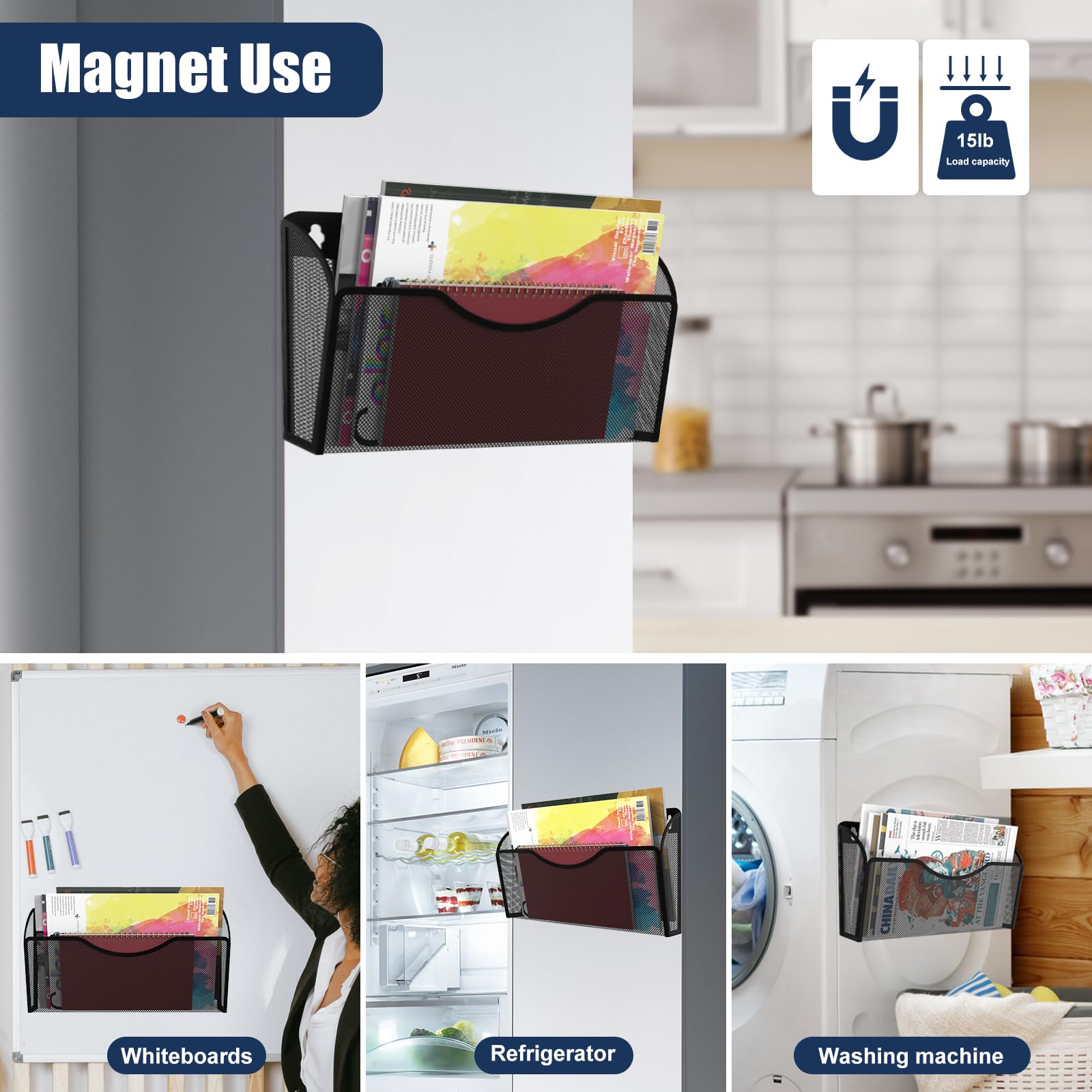 Portadocumenti magnetico con 3 tasche, organizer per cartelle portadocumenti, da appendere in ufficio, per schedari, porta carta magnetica, organizer per posta senza fori, per frigorifero, lavagna,