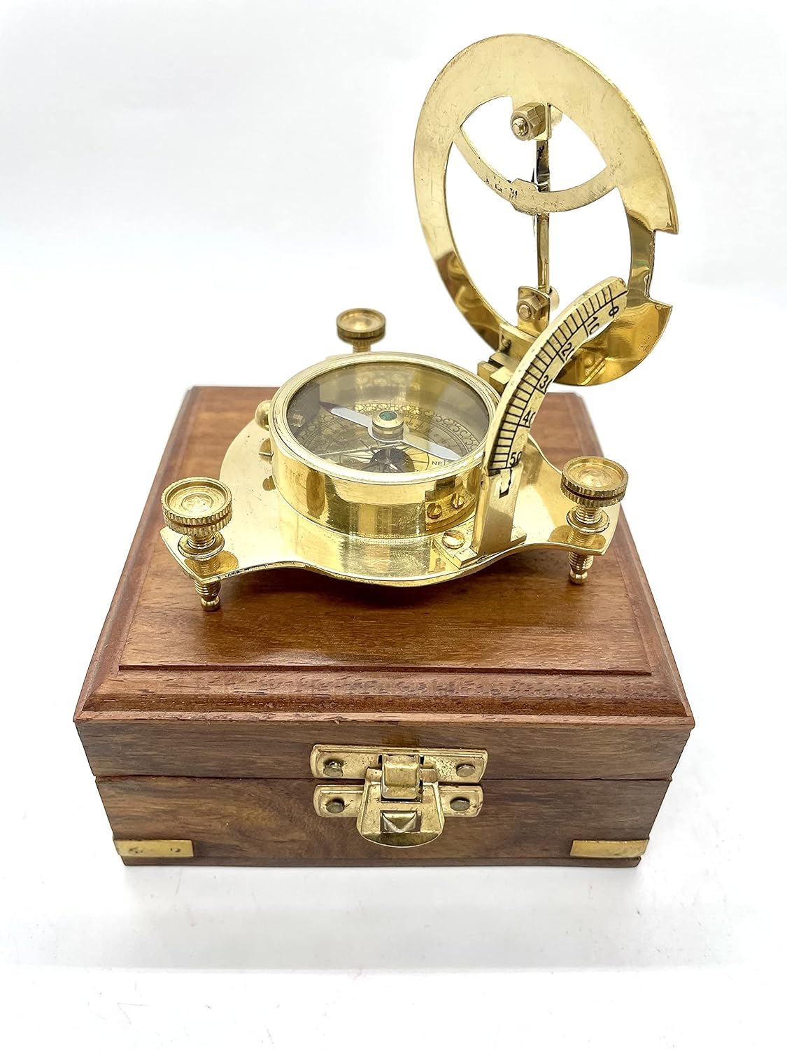 Handmade Brass Sundial Compass Vintage, Antique, Navigation Direcional Finder Pocket Compass for Military Army Camping, Hiking Outdoor with Wooden Box 1