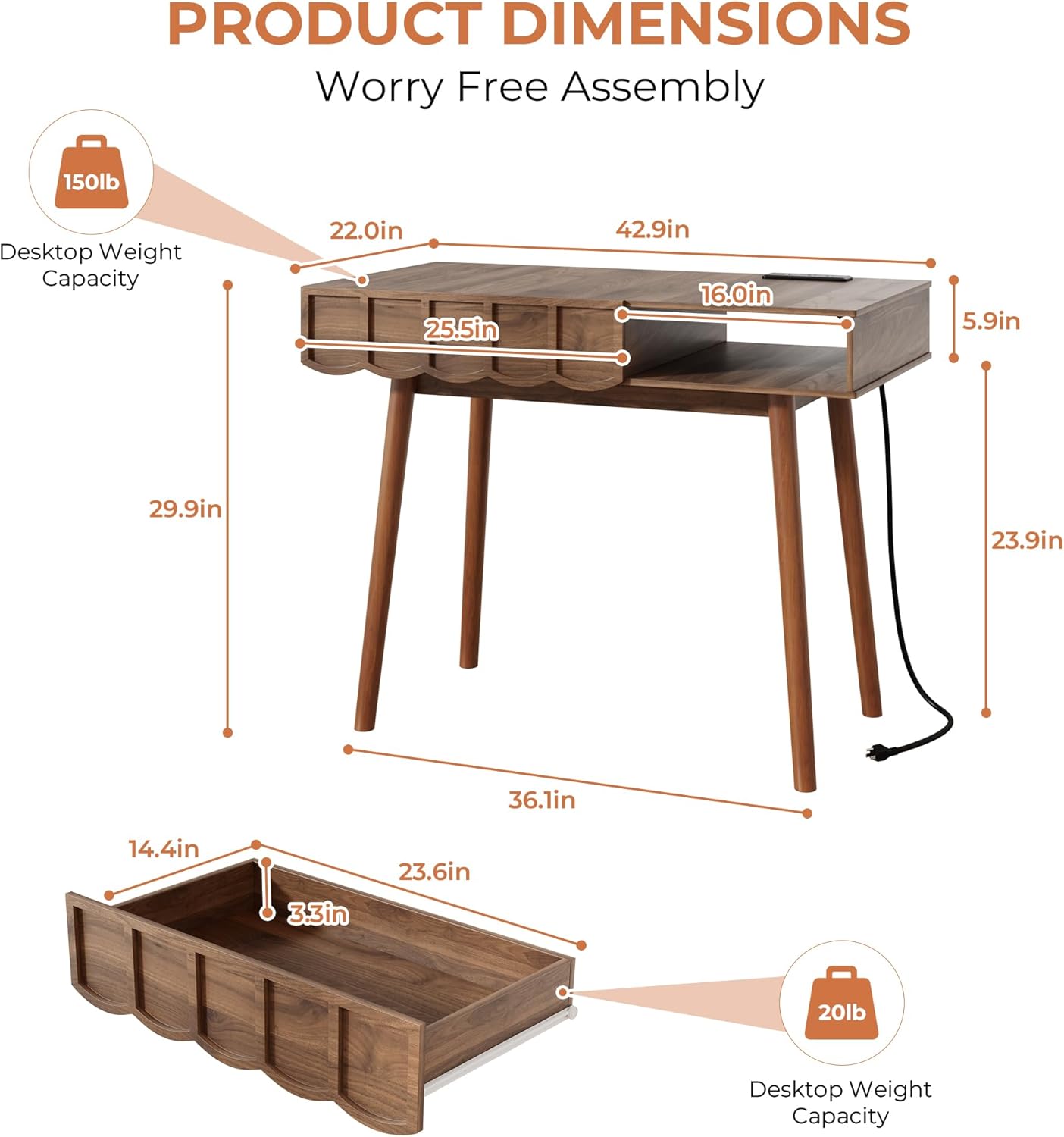 Mid-Century Modern Small Desk, 42.9" Walnut Writing Desk Computer Laptop Wood Desk with Drawer & Open Shelf Elegant Vanity Table Compact Home Office Desk for Study Bedroom Living Room-Walnut Finish