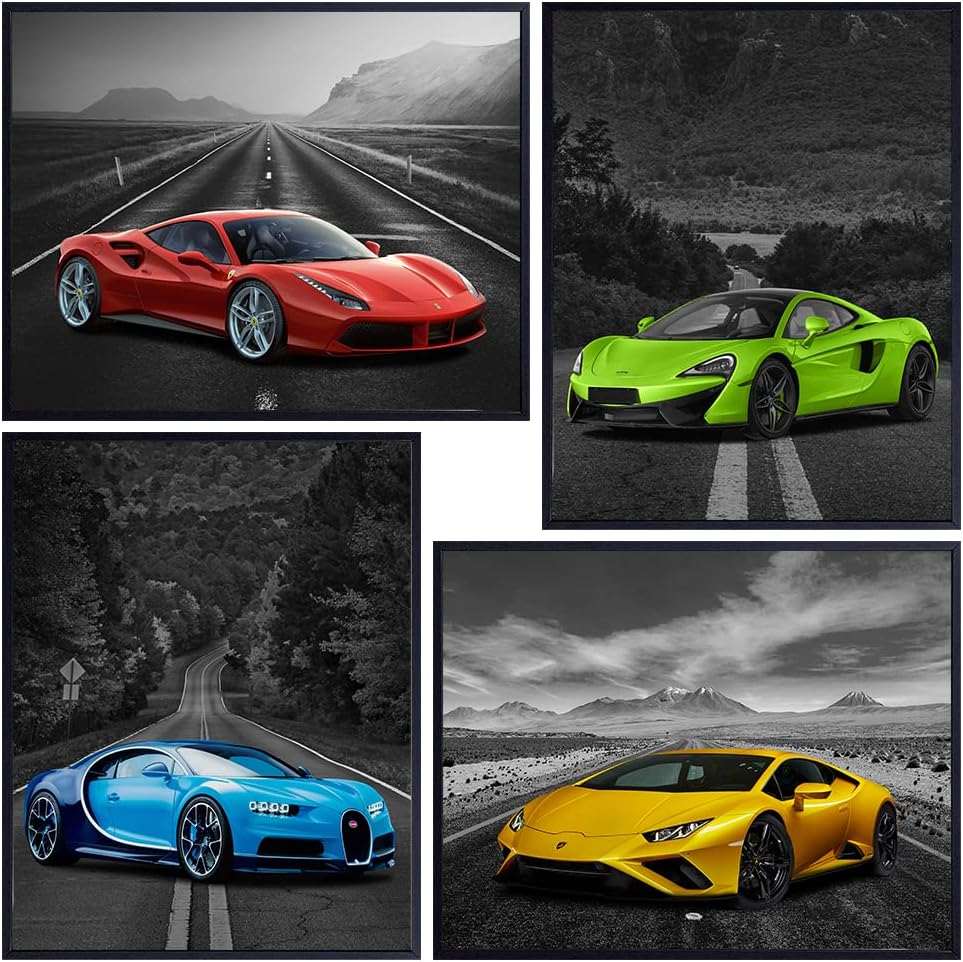 Lamborghini McLaren Ferrari Bugatti Poster Set - 8x10 Boys Room Decor - Man Cave Decor - Bar Wall Decor - Race Car Print - Sports Car Wall Art - Garage Art - Boys Bedroom Pictures
