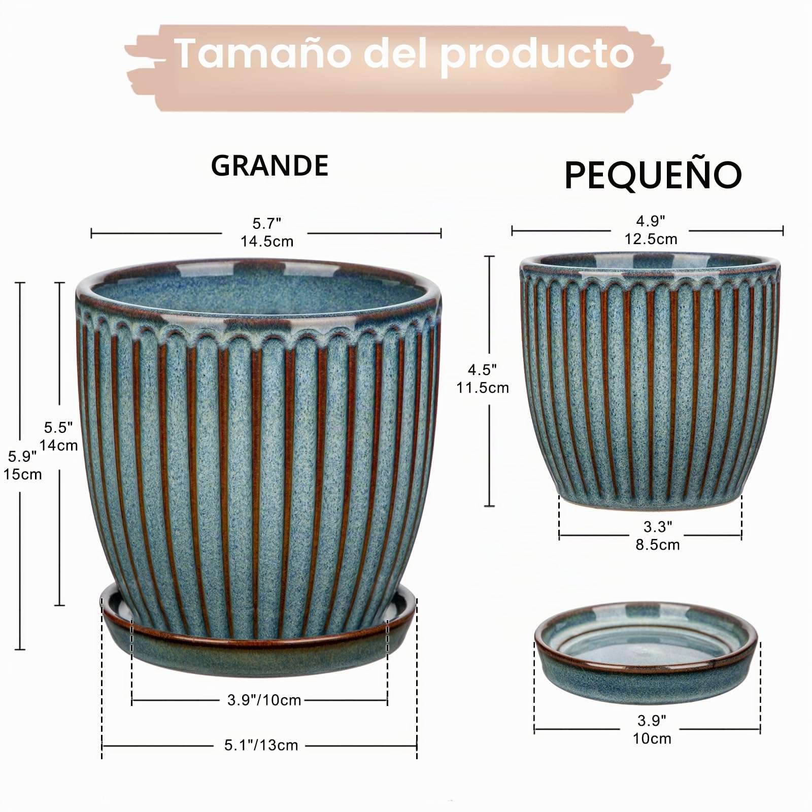 Oairse Juego de 2 Macetas de Cerámica para Plantas 13CM 15CM Maceta de Cerámica Azul con Agujeros de Drenaje y Platillos Macetas Decorativas a Rayas para Interiores Macetas Modernas para Flores para