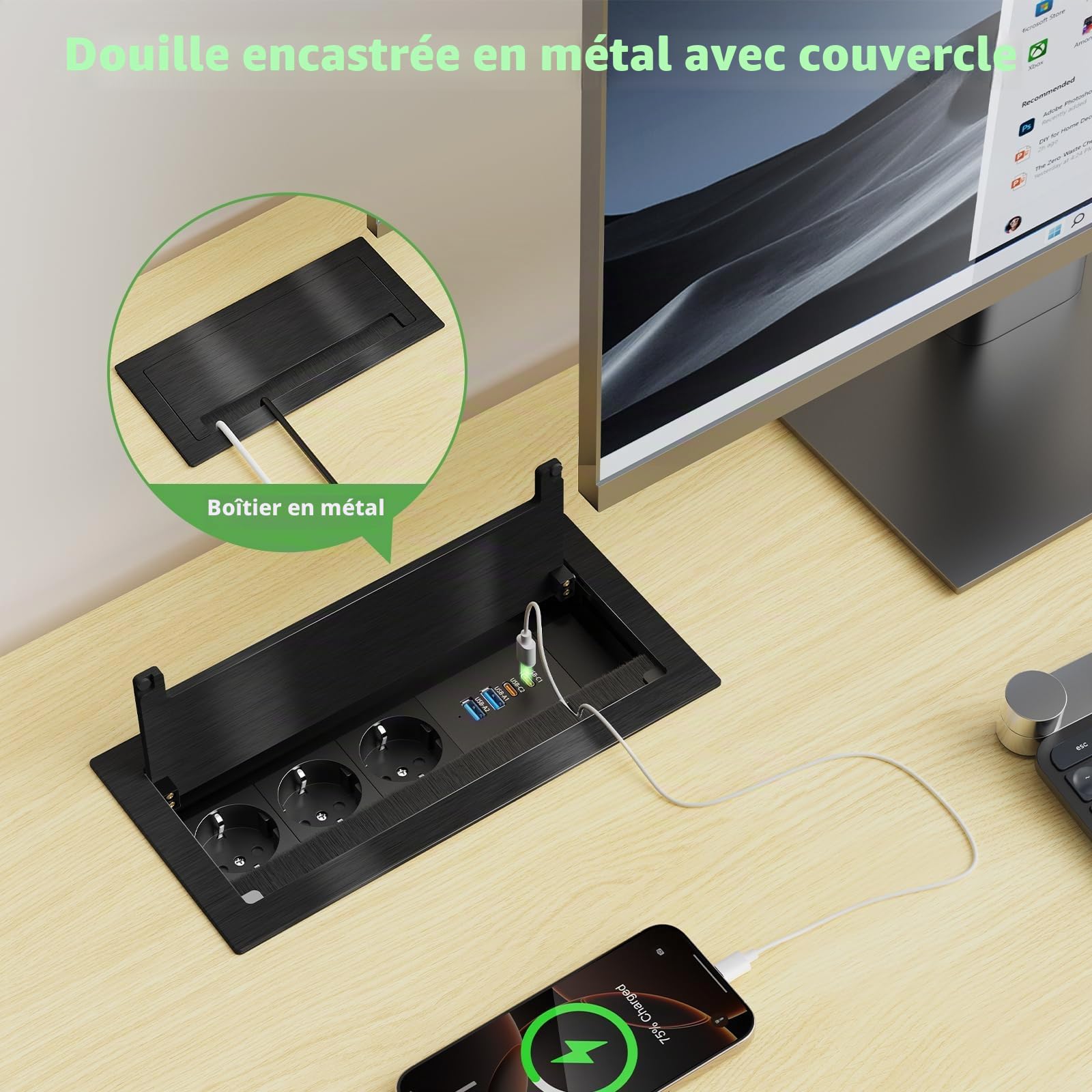 Prise Encastrable 3 Prises avec 2 USB-C PD 30W, Aluminium Multiprise Encastrable Plan de Travail avec Couvercle et Brosses, Bloc Prise Encastrable pour Table de Conférence et Bureau, Noir, Câble 1,8M