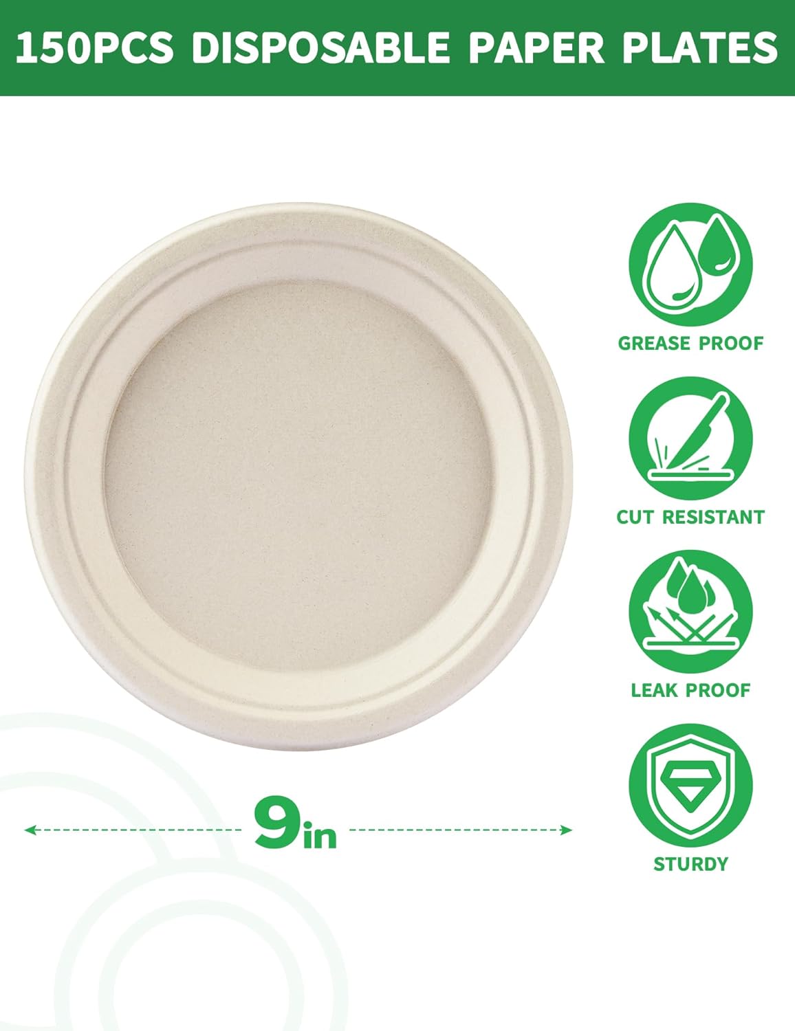 100% Compostable 9 Inch Paper Plates [150-Pack] - Heavy Duty Disposable Dinner Plates Made of Natural Bagasse, Biodegradable & Eco-Friendly for Parties, Wedding, Catering - Image 2