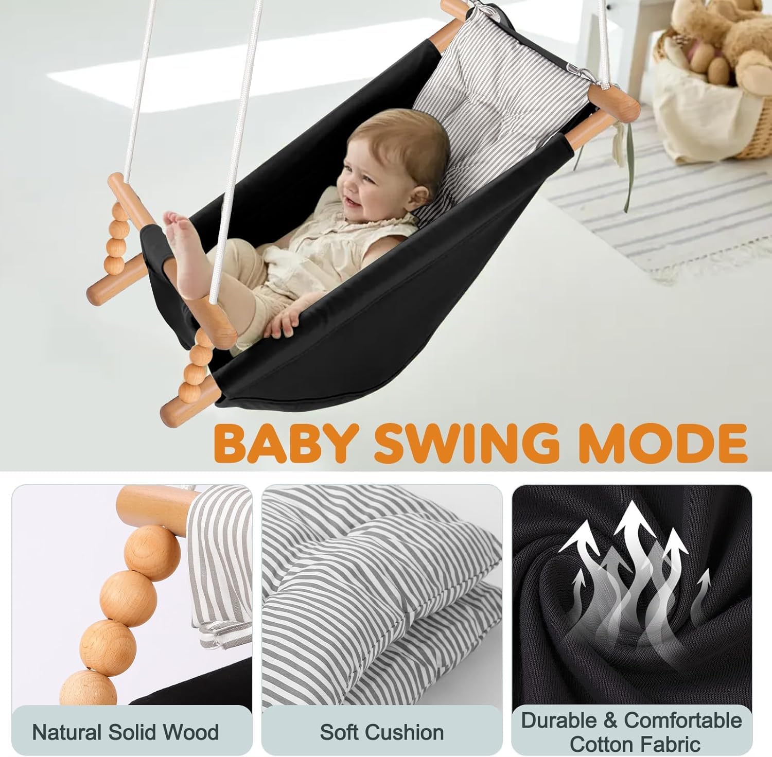 2-in-1 Türhopser Baby und Schaukel, Montessori-Holzschaukelset mit Gestell für drinnen und draußen, Baby-Hüpfer und Hängemattenschaukel mit 5-Punkt-Sicherheitsgurt, Geeignet für Kinder bis 3 Jahre
