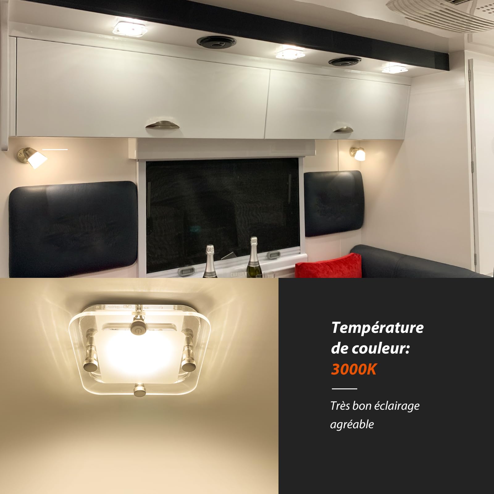 Dream Lighting Éclairage LED 12V pour Camping Car, 9X9CM 1,8W Lumière Chaude 3000K, Lampe 12v avec Interrupteur pour Camping Car RV Bateau Fourgon Aménagé Design en Acrylique