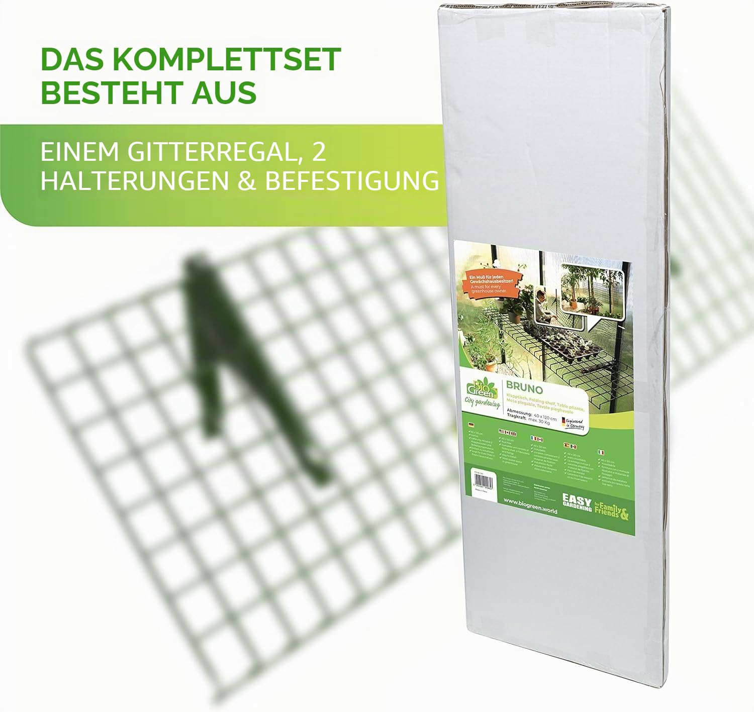 BioGreen Regal für Gewächshaus „Bruno“ 40 × 120 cm – klappbar, galvanisierter Stahl, mehr Platz im Gewächshaus, einfache Montage mit Alukonsolen