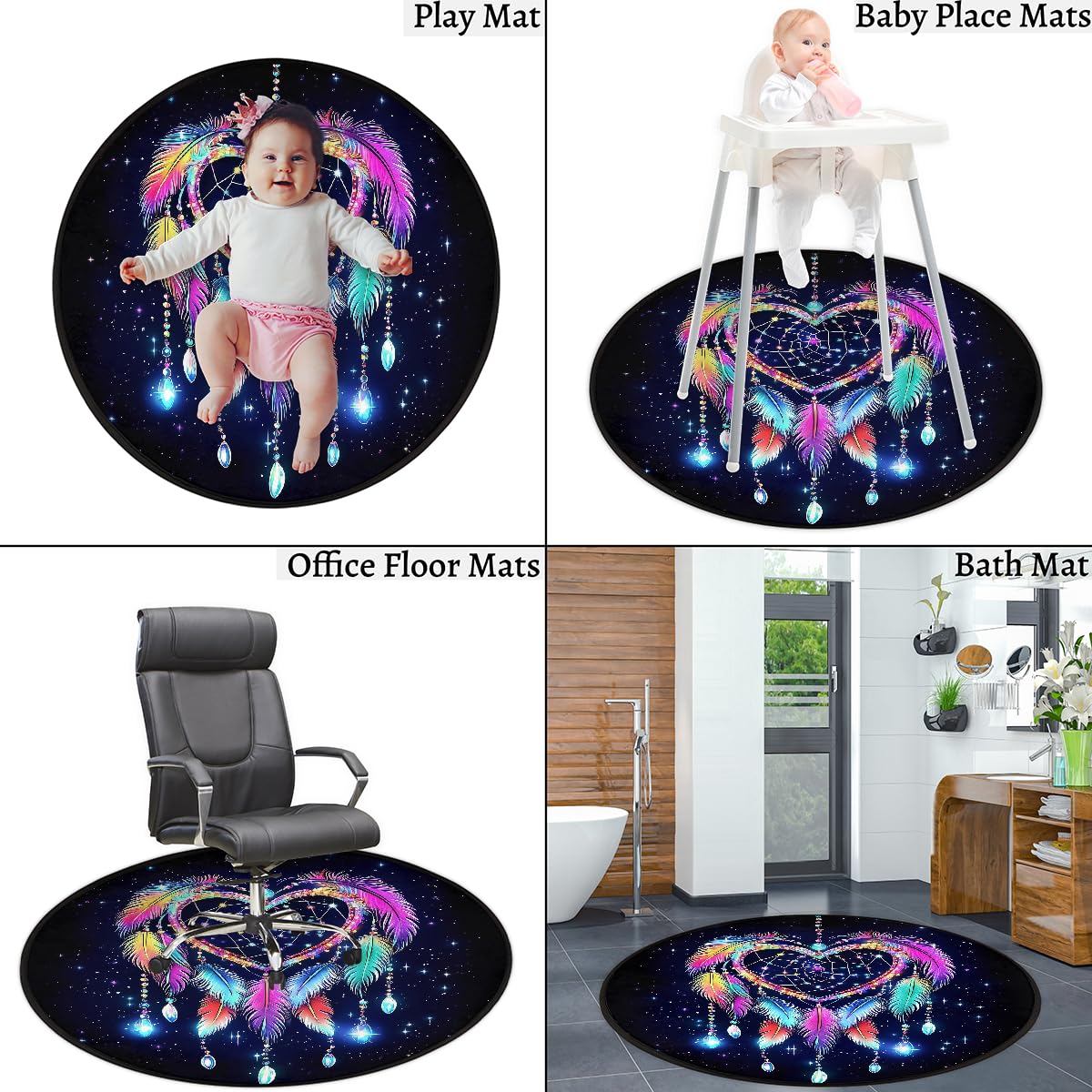 Herz-Traumfänger-Neon-Teppich, rund, waschbar, Gaming-Teppich für Schlafzimmer, Wohnzimmer, Arbeitszimmer, Bodenmatte, 160 cm