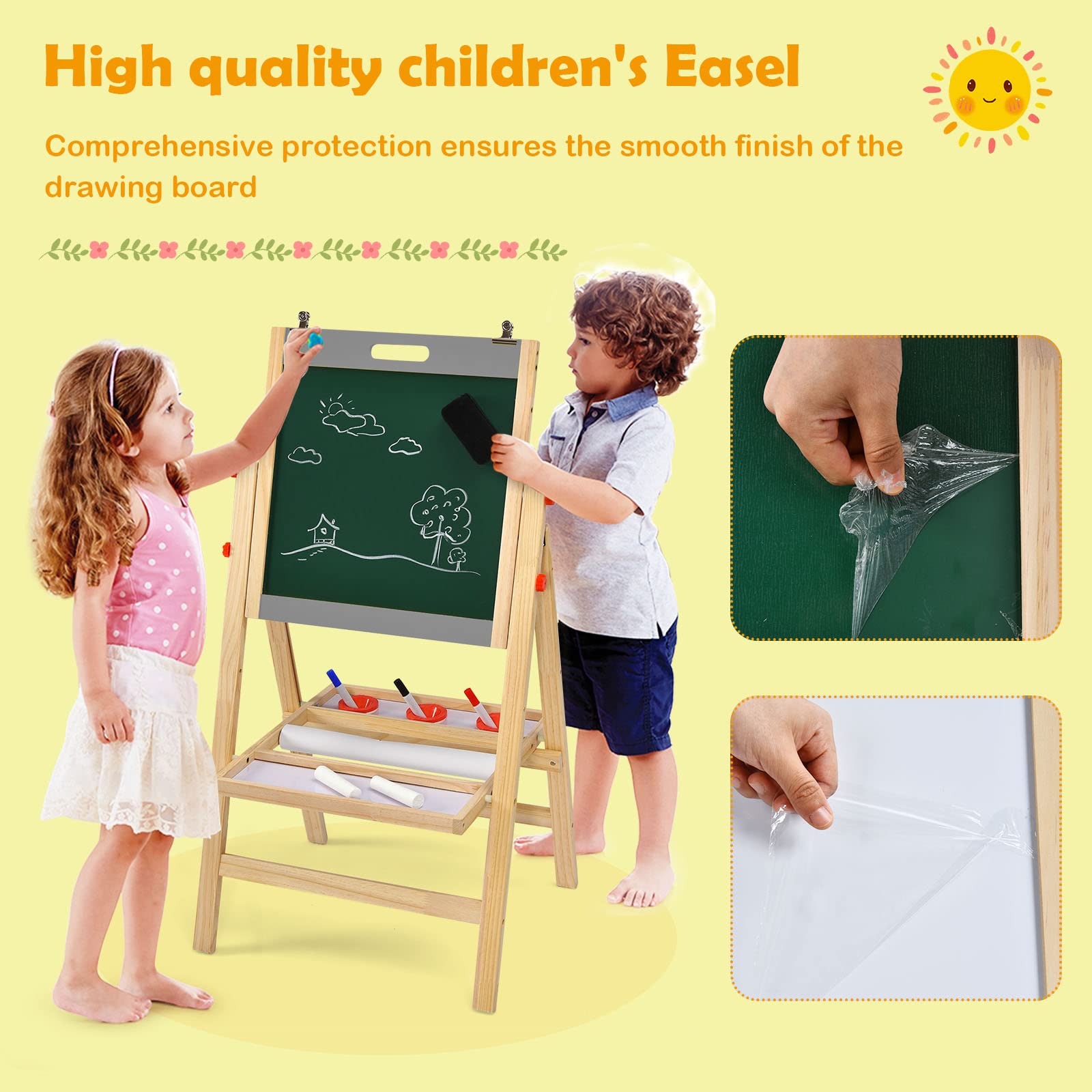 LIFEZEAL Caballete infantil con Pizarra 2 en 1, caballete con doble cara para niños, altura ajustable, tabla de madera plegable, pizarra magnética y pizarra negra con accesorios y estante (gris)