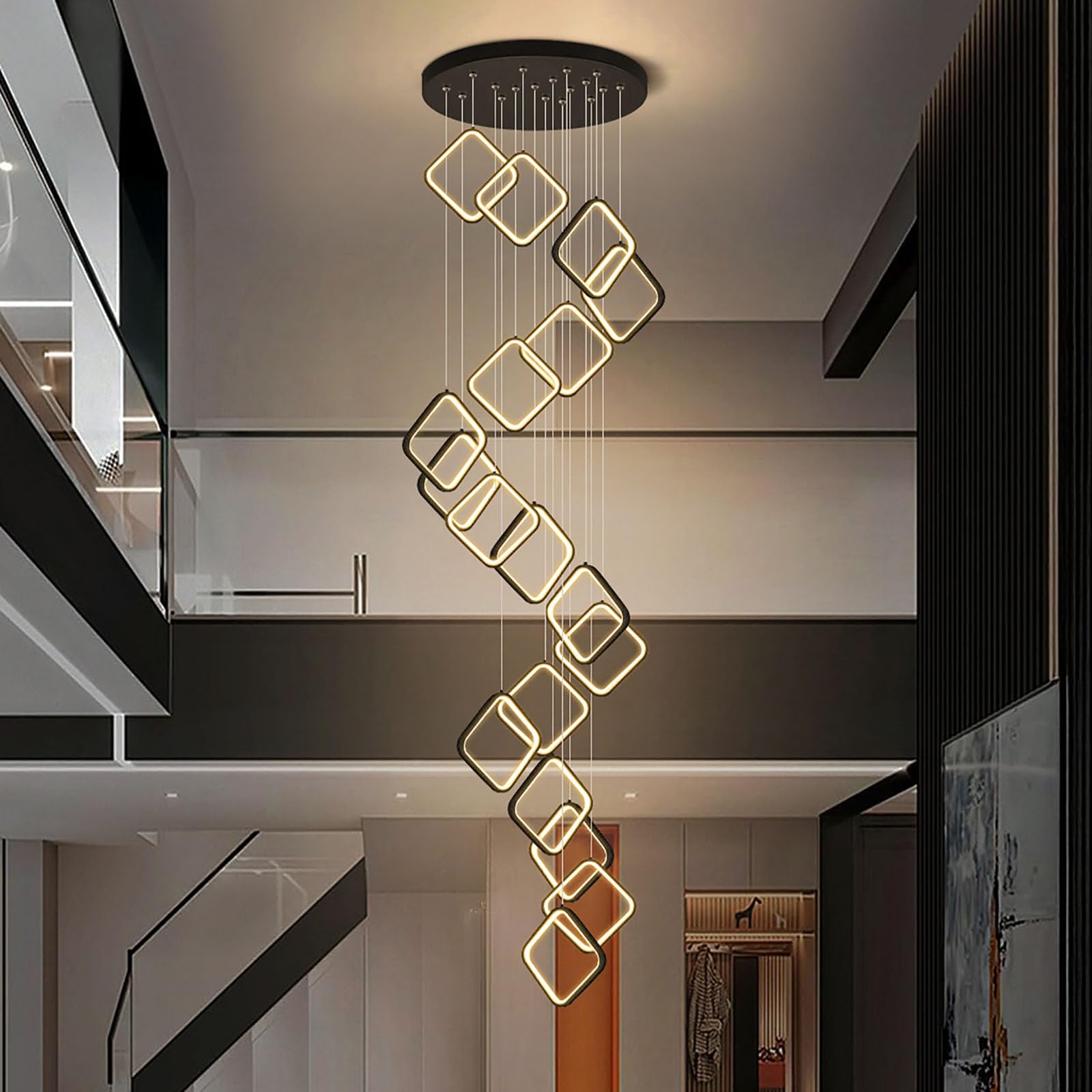 KXEcoLife 18 Spiral Staircase with Remote control,Dimmable Long Chandelier for Villa,Arch,High Foyer,300cm Adjustable Height,Large Stair Ceiling Light(18 lights