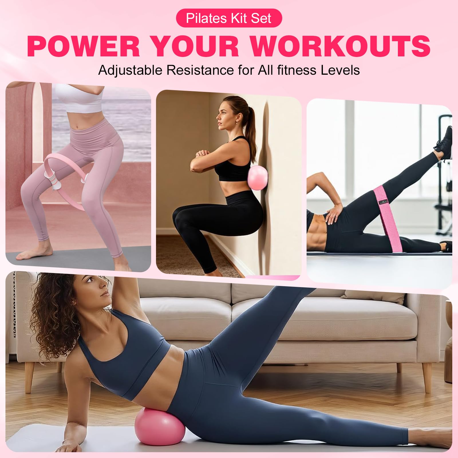 Pilates Ring Set, Pilatesring mit 35 cm Yoga Circle, Yoga Ball, 3 Fitnessbänders, Home Pilates Zubehör für Frauen
