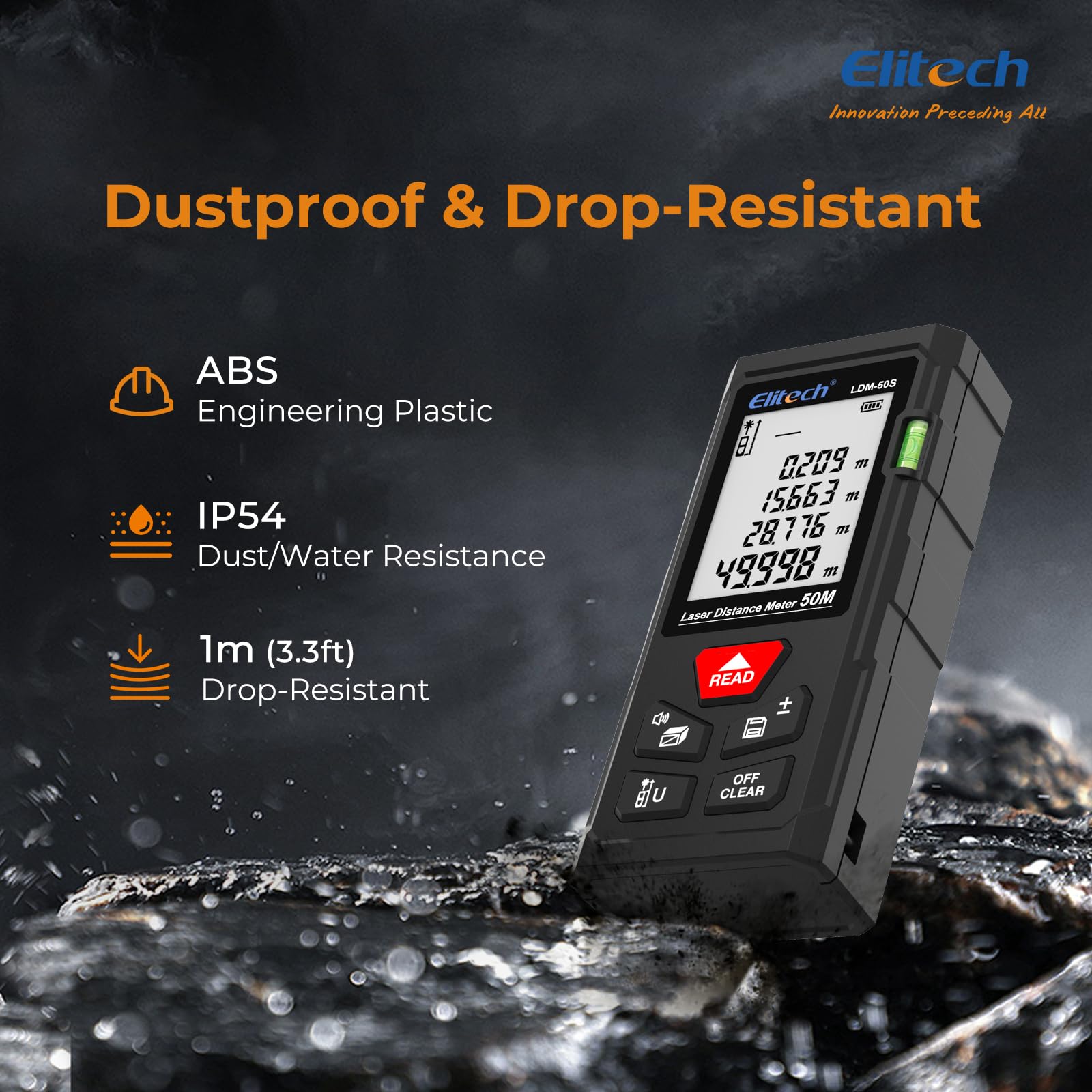 Elitech Télémètre Laser 50m Metre Laser Numérique Mesure Longueur Surface Volume Pythagore, 99 Mémoires, Niveau à Bulle Intégré, Unités Commutables Ft/in/m