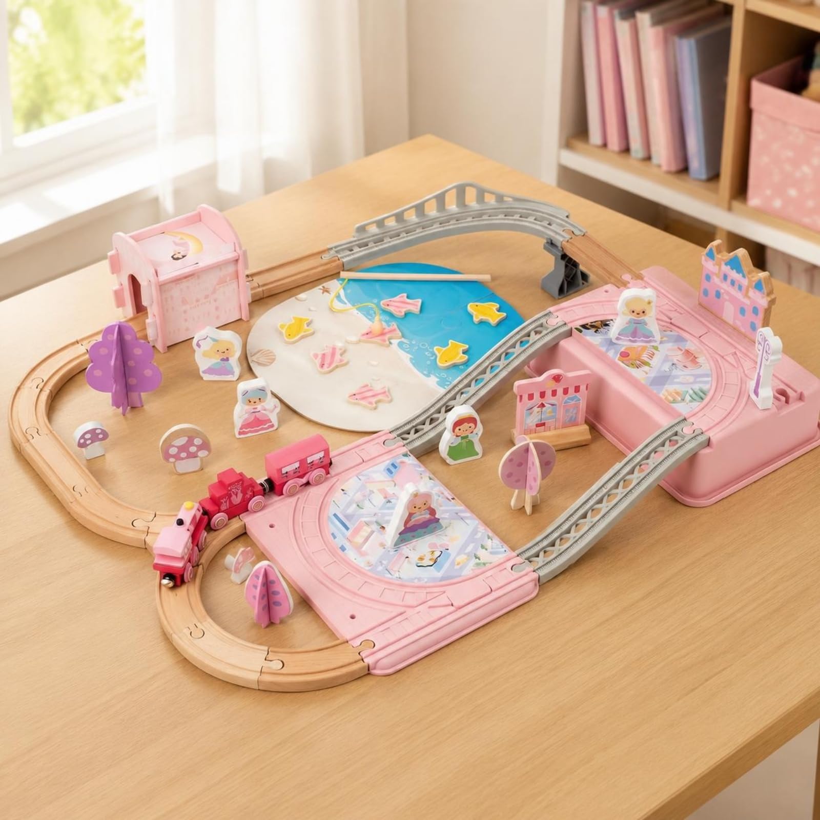 Kinder Aufbaustrecke Holz Eisenbahnset Spielbahn Kinderzug Spielset Holzstrecke Zum Zusammenstecken mit Brückenabschnitten Und Märchenszene für Freies