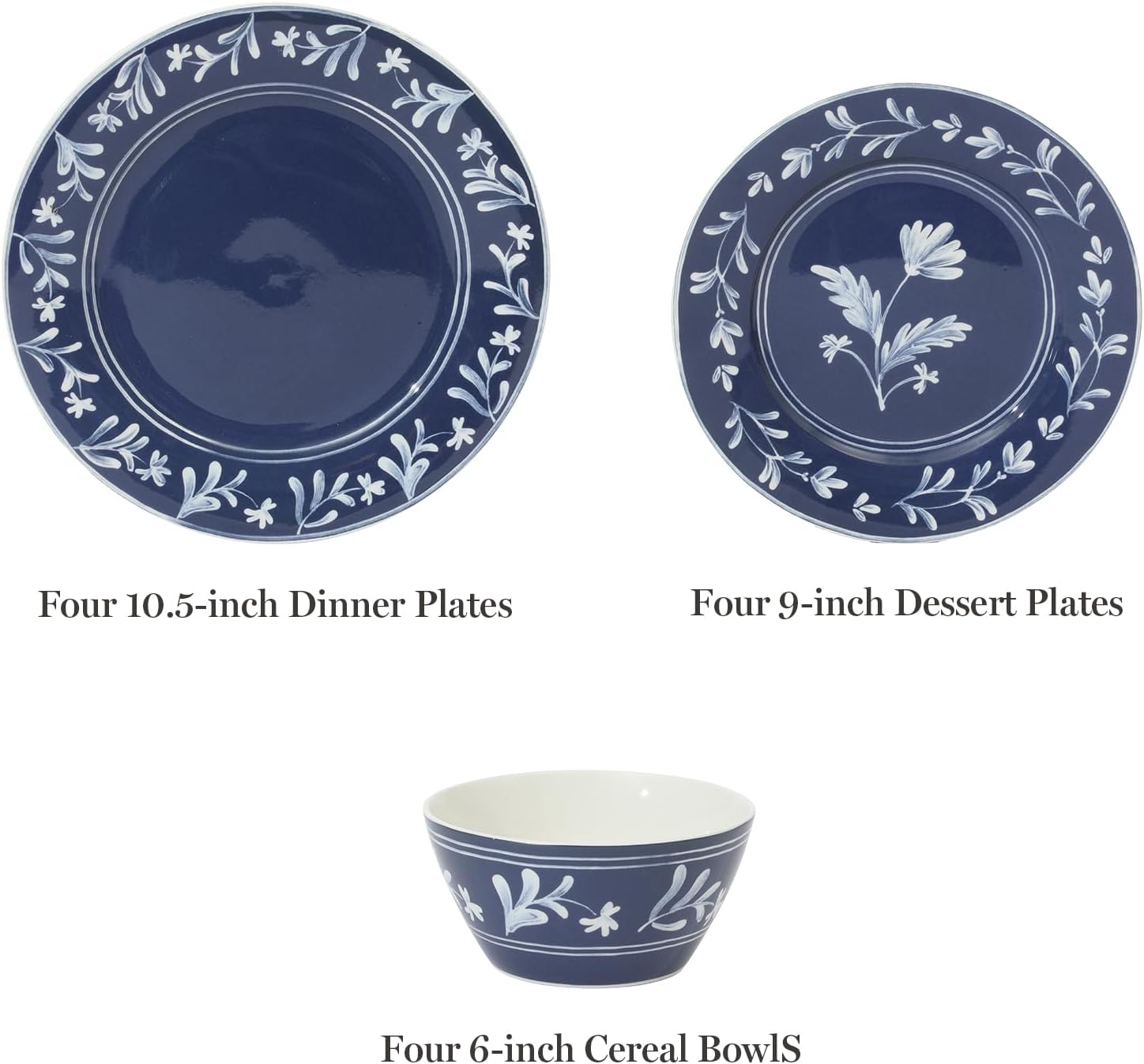 Martha Stewart Maiden Crown 12-Piece Sky Blue Dinnerware Set – New Bone China Ceramic Plates & Bowls – Floral Design – Service for 4 – Microwave & Dishwasher Safe - Image 3