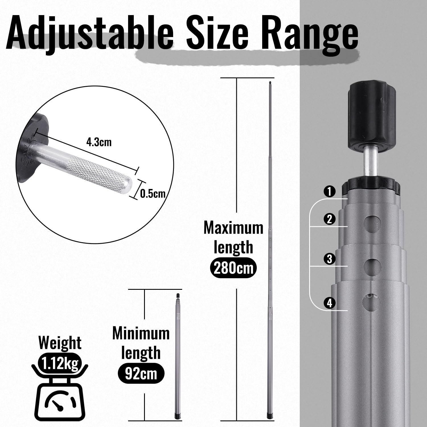 HIKEMAN Teleskopstange für Zelte Tarp - Campingstangen Zeltstangen Teleskop,Aluminium Höhenverstellbar 92-280cm für Zelt,Tarp,Sonnensegel oder Plane
