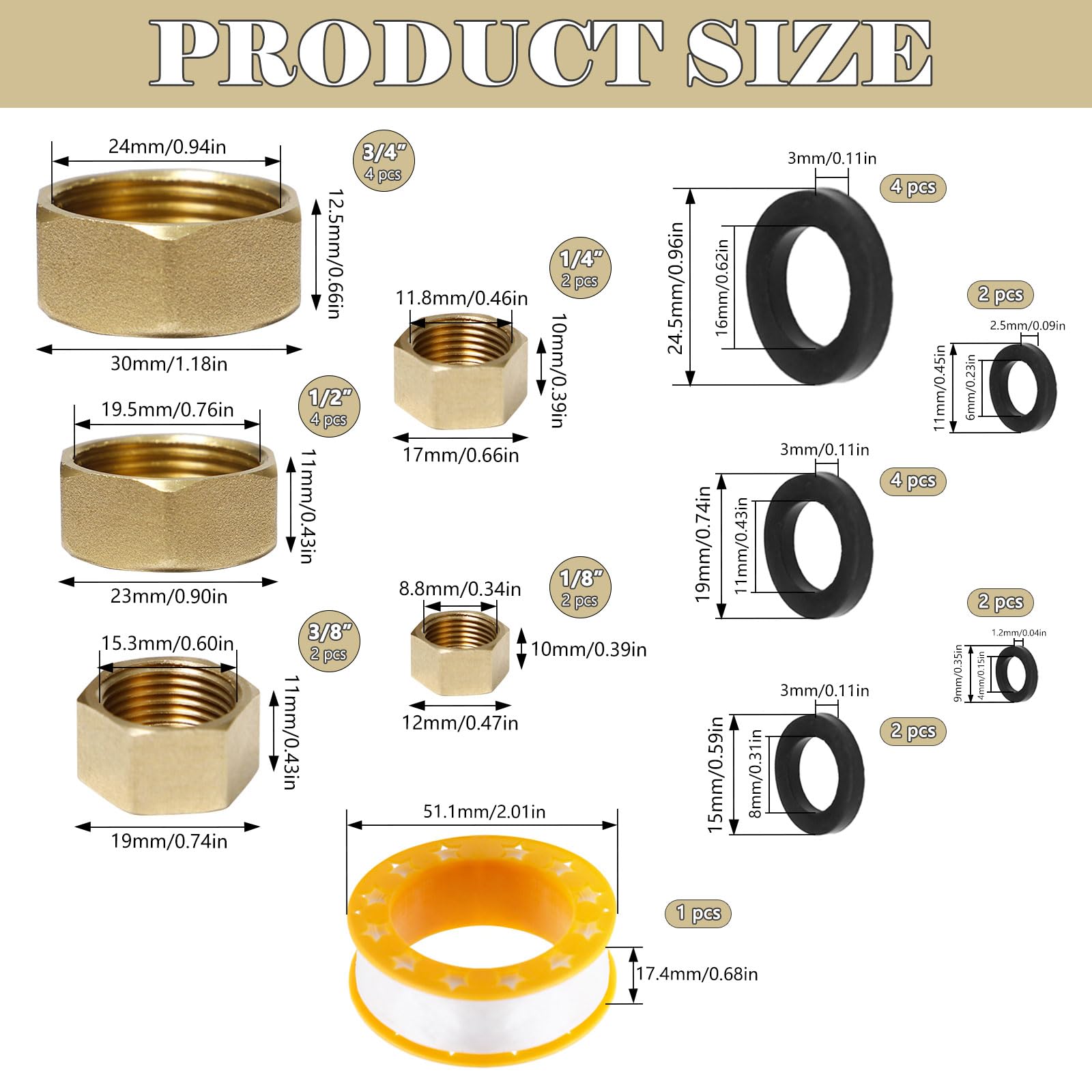 Neikafan 3/4 1/2 3/8 1/4 1/8 Female Blanking Cap 14 Pcs Radiator Stop End Cap Blank Plug with 14 Pcs Sealing Washer and 1Pcs Plumber's Tape for Radiator Valve Pipe Fittings Washing Machine - Image 4