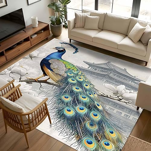 5x7 Area Rugs, Watercolor Peacock Non-Skid Rubber Backing Large Rectangle Rugs - Living Room Bedroom Home Office, Retro Attic Flower Feather Indoor