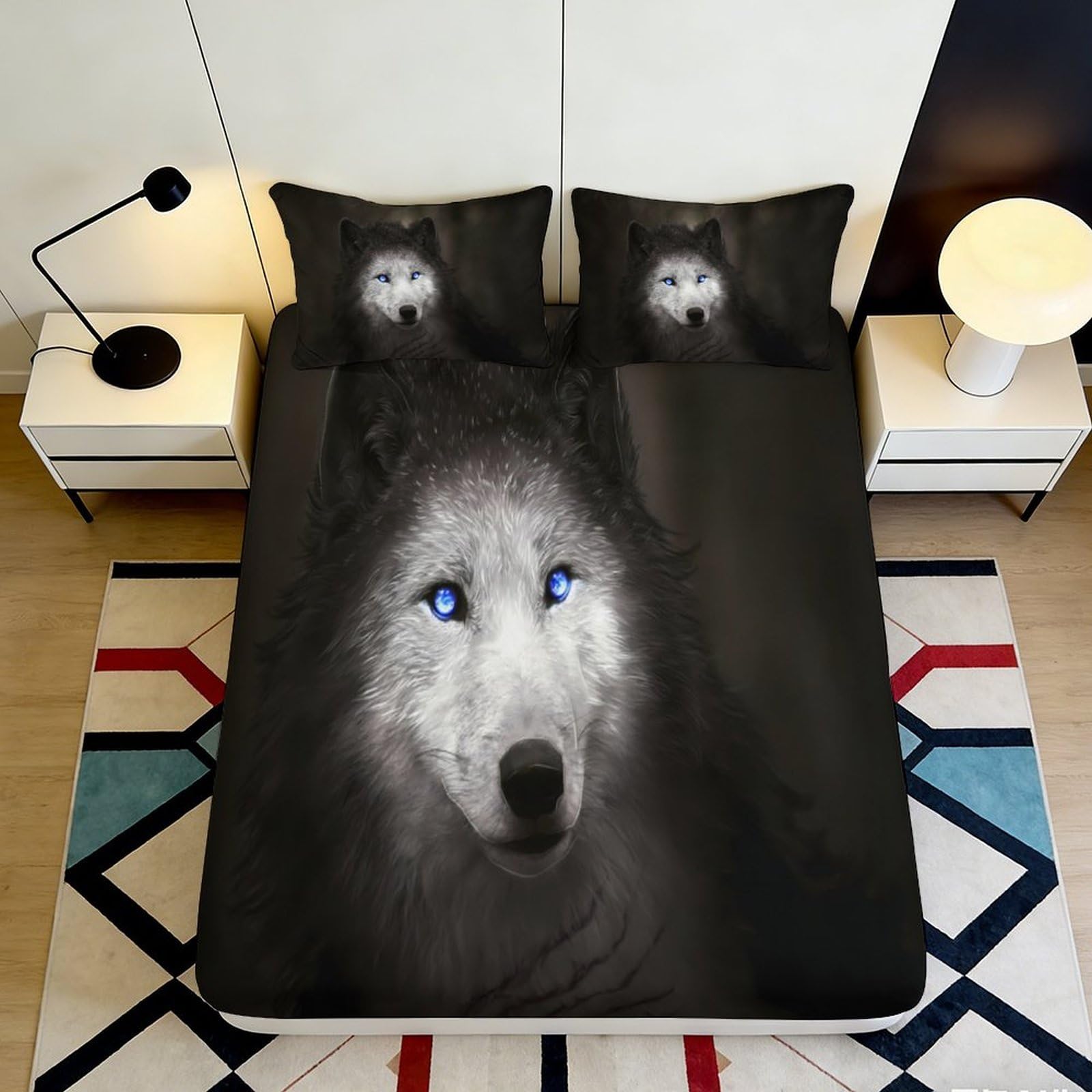 3D Printed Blue Wolf Fitted Sheet Microfiber Soft Anti-Slip Animal Mattress Cover for Bedroom Dorm Decor Easy Care 160x200x25cm