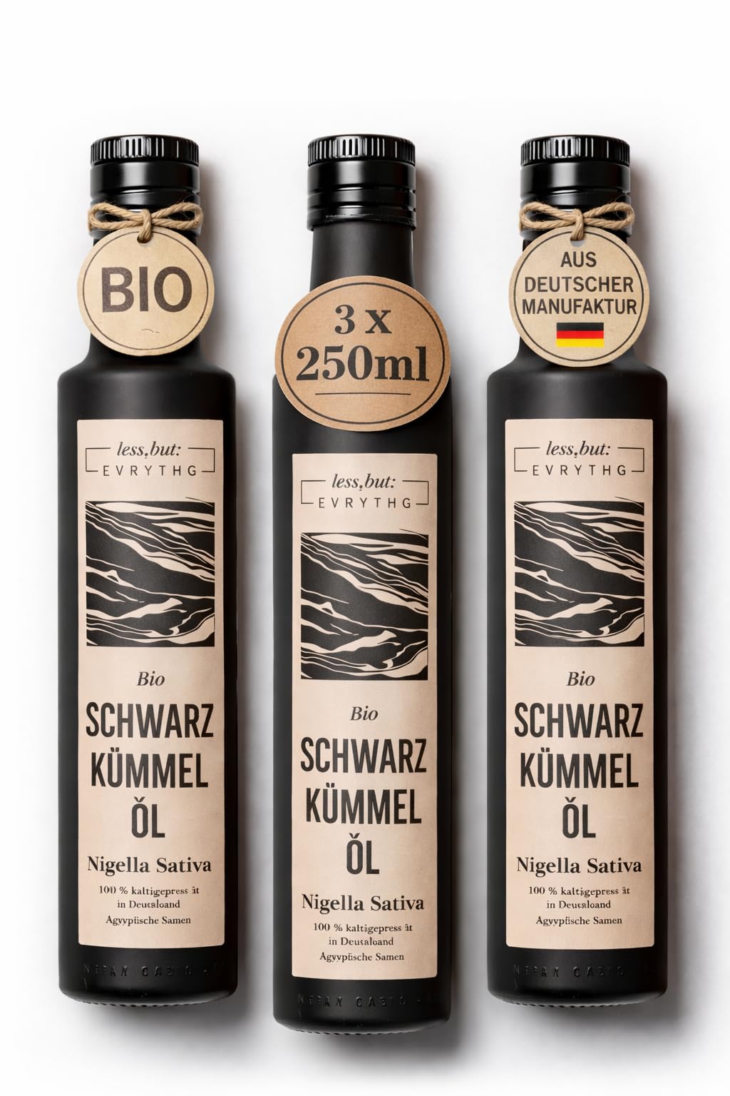 3 x 250 ml Bundle - less but everything - Bio Schwarzkümmelöl schonend kaltgepresst ungefiltert Nigella Sativa naturbelassen