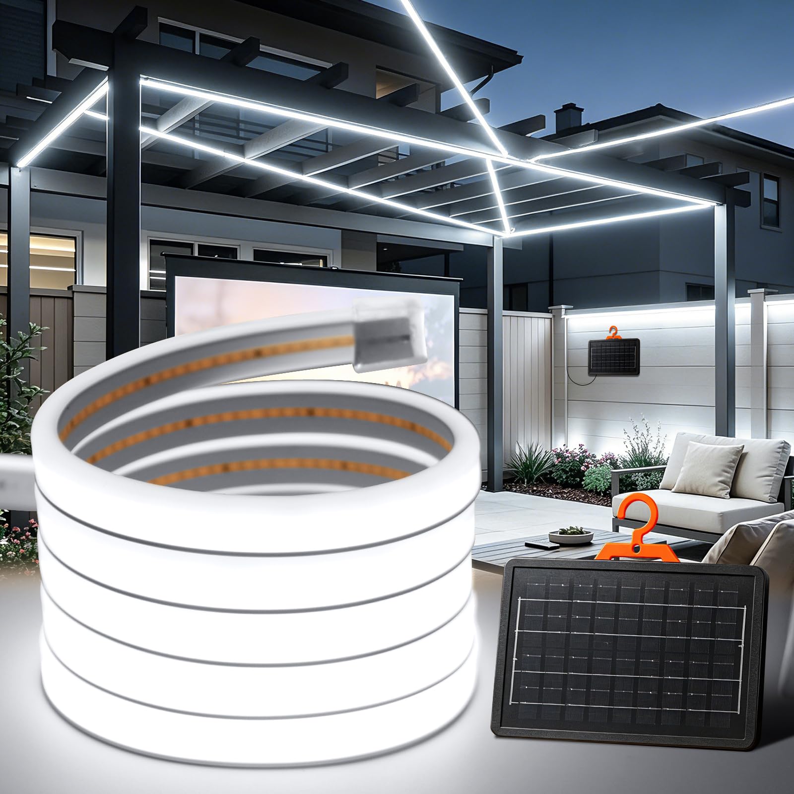 MIGUDA Solar LED Strip 24V, 8 Modes Outdoor Neon Strip Lights, Cuttable 5cm, 320LEDs/m Super Bright COB LED Band for Patio, Courtyard(White,8M)