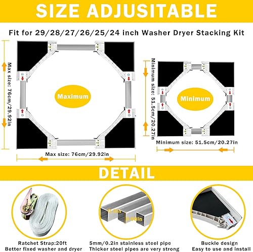 Miniatura 3 de Kit de apilamiento universal para lavadora y secadora, kit de apilamiento de lavadora y secadora, ajustable de 292827262524 pulgadas, kit apilable