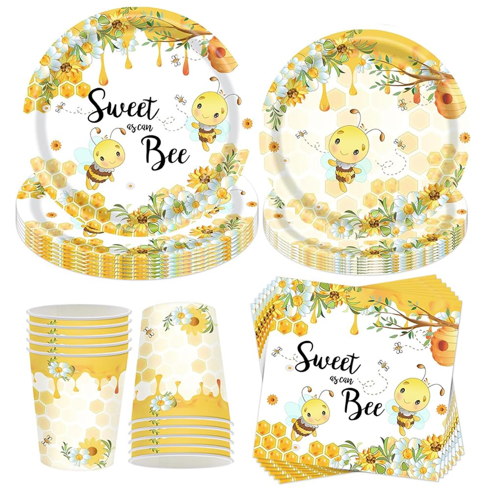 Bee Party Tableware Set, Bee Party Supplies, Plates, Cups, Tissues, Floral Birthday Supplies-16 Position