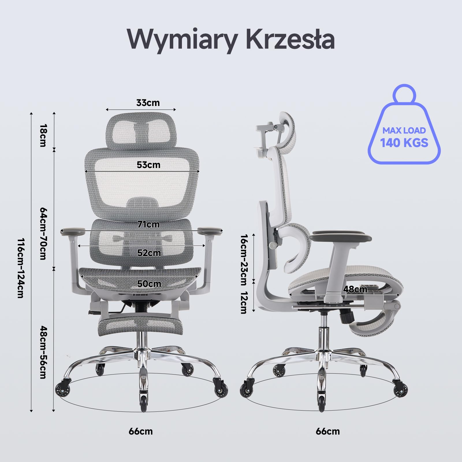 LarkLeaves Ergonomiczny Fotel Biurowy z Podnóżkiem Szary L10 Pro | Zagłówek 3D z wieszakiem, lędźwie 2D, podłokietniki 3D, oparcie 5-stopniowe, odchylenie 145 st., siatka, gumowe kółka