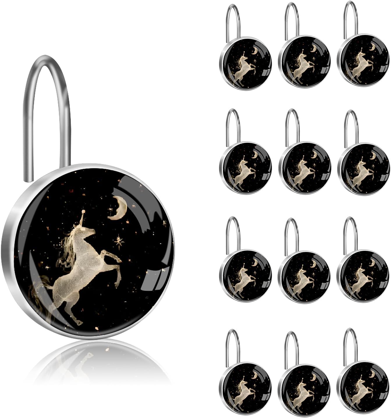 Unicorn Shower Curtain Hooks Set of 12, Crystal Glass Metal Shower Hooks for Bathroom, Cute Bathroom Decor, Rust-Resistant Durable Hooks for Standard 0.9–1.1 Inch Rods