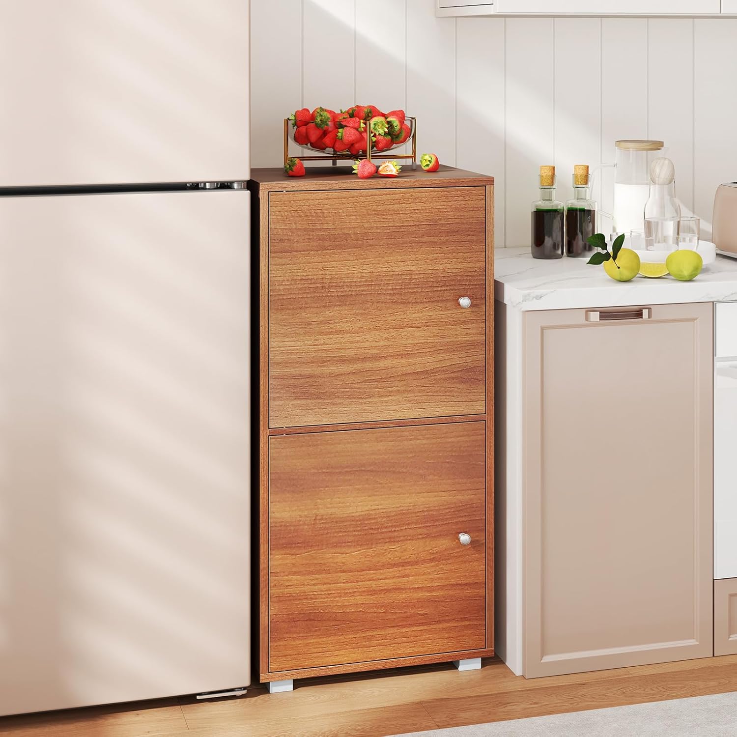 Giantex 2-Cube Bookcase with Doors, Stackable Storage Cabinet with 2 Single Doors, 4 Compartments & Adjustable Shelves, Wooden Freestanding Bookshelf Organizer for Living Room, Office, Bedroom