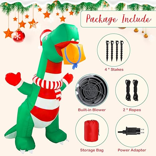 Miniatura 5 de Wothfav Inflables de Navidad de 8 pies para decoración al aire libre, dinosaurio inflable de Navidad, decoración de patio con sombrero de Navidad y
