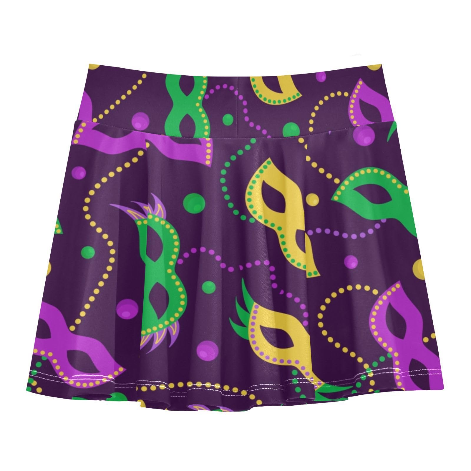 Aflyko Girls Pleated Skater Skirt Masquerade Rainbow Necklace High Waist Cheerleading Dress Dance Skort with Lining Shorts Weekend Date Outfit Short Bottoms, 9-10T