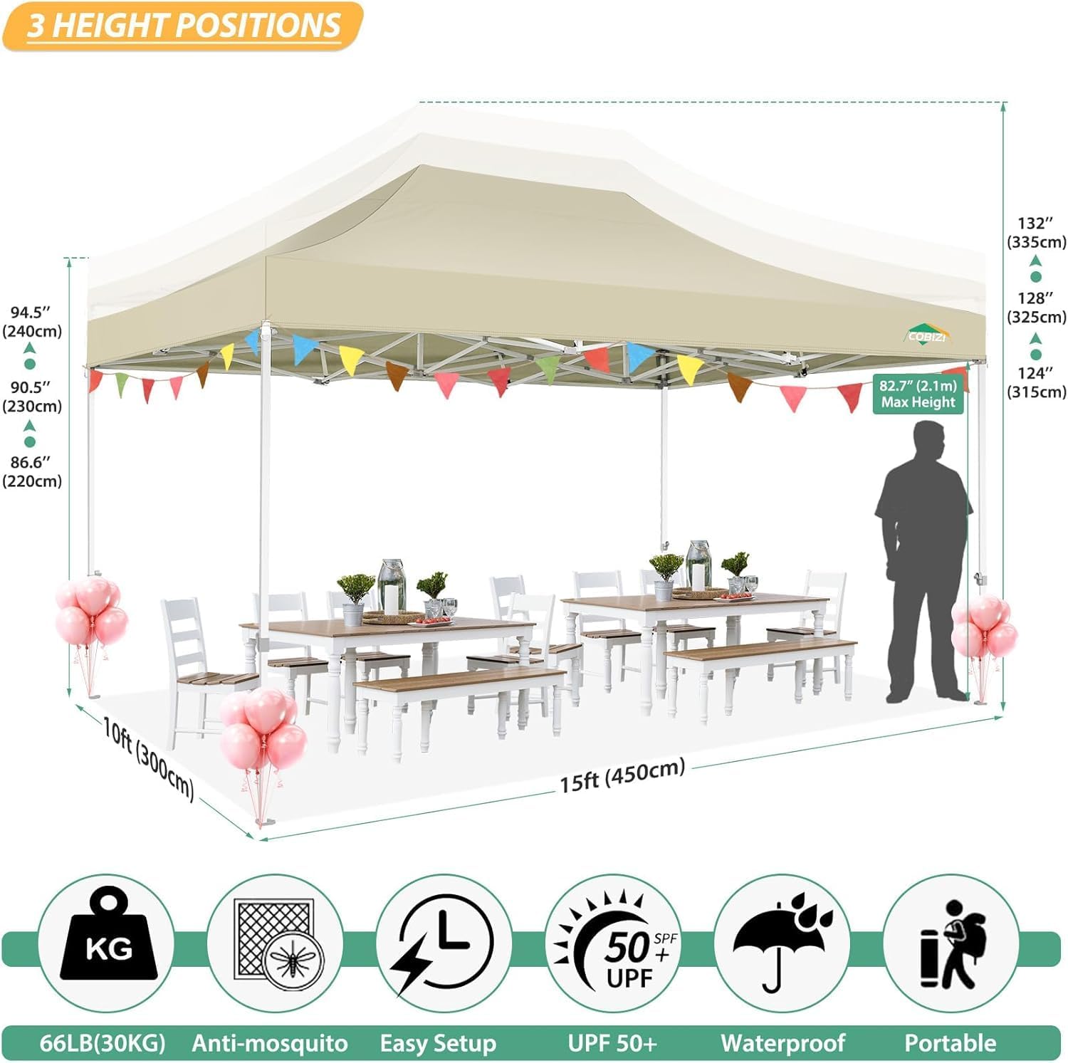 COBIZI 10x15 Heavy Duty Pop up Canopy with 4 Sidewalls, Canopy Tent with Mosquito Netting, Easy up Screen Party Tents for Parties Wedding Patio Backyard Commercial Gazebo with Handbag, Khaki