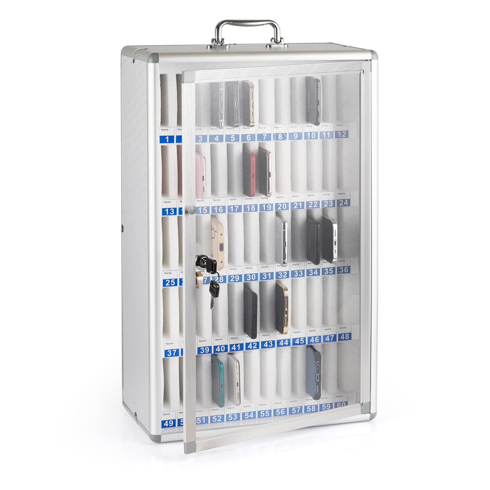 LVRUIEDS Mobile Phone Storage, Personal Storage Box With 12/15/20/25/30/40 Slots Transparent Mobile Phone Locker With Lock Desktop Mobile Phone Storage Cabinet (Aluminium Alloy, 60 Slots) — image 1