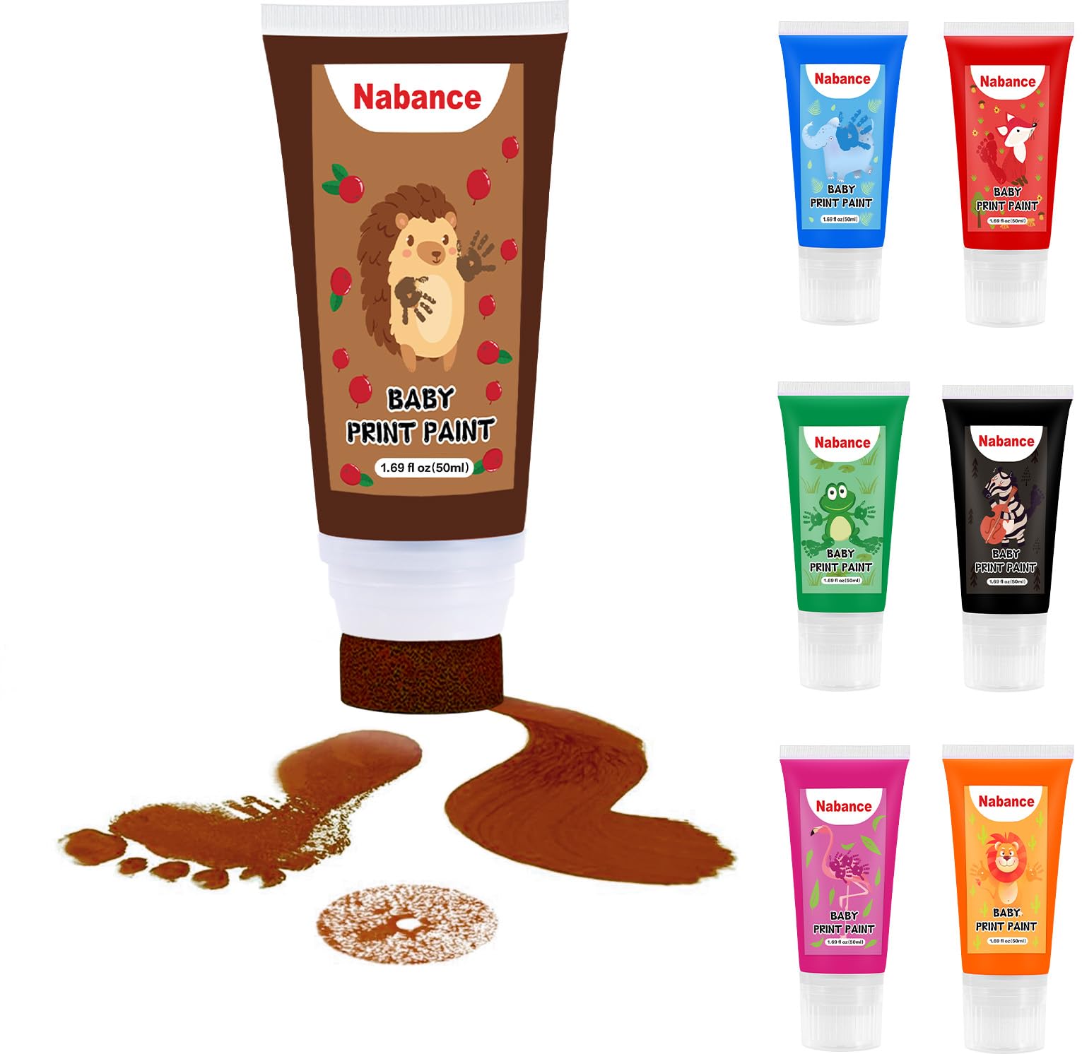 Nabance Baby Safe Paint for Handprints Non Toxic &Acid-Free, Baby Paint for Hands and Feet with Sponge Attachment for Easy Colour Application Dog Paw Print Kit Easy to Wash Off 50ml/Tube (Brown)