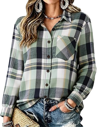 Flannel Shirt Women Long Sleeve Christmas Plaid Button Up Cl