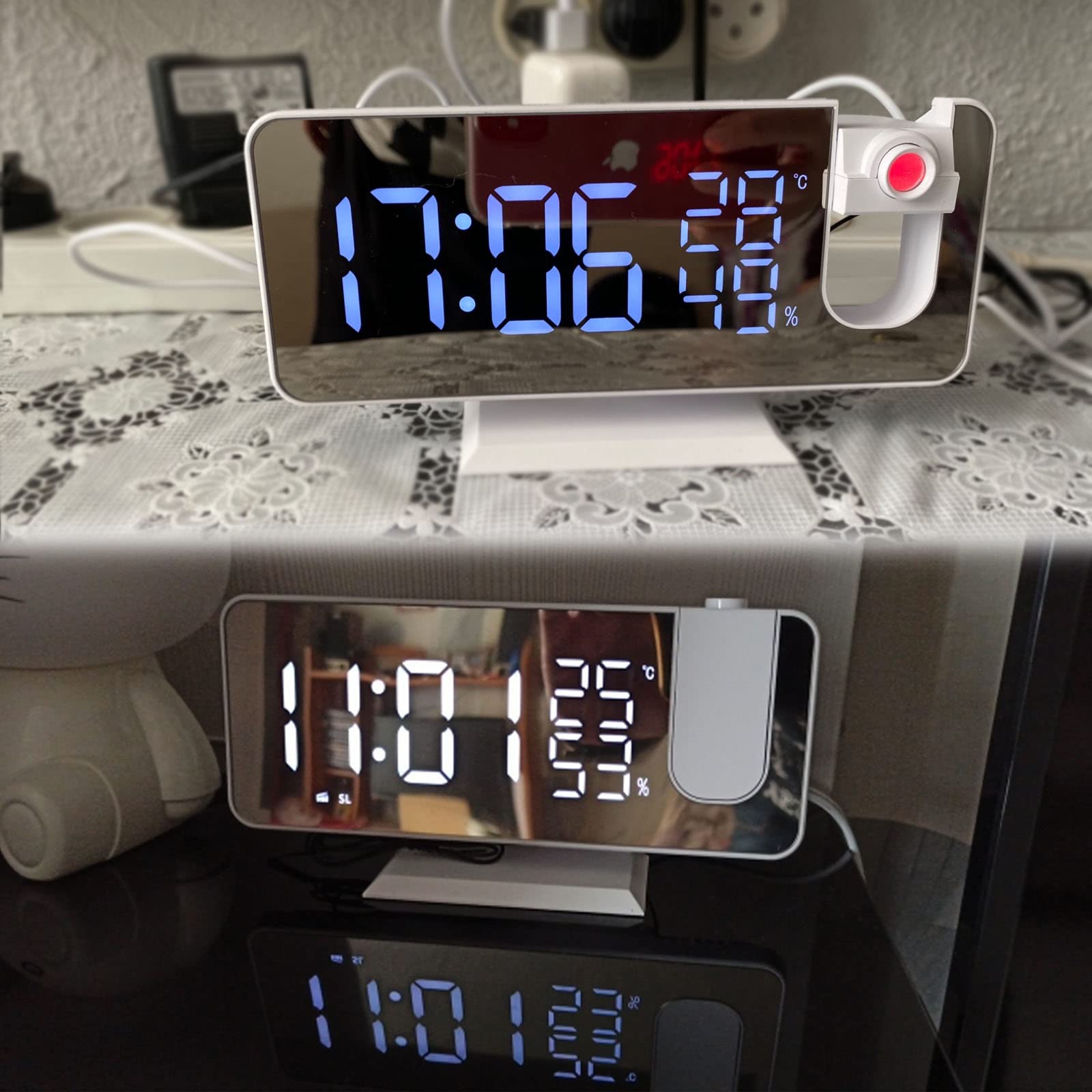 Sveglia Digitale da Comodino, Radiosveglia da Proiettore , FM Orologio con Doppi Allarmi, 3 Livelli Luminosità, USB Porta di Ricarica, 12/24 Ora, Snooze, 15 Livelli di Volume (Senza Adattatore)