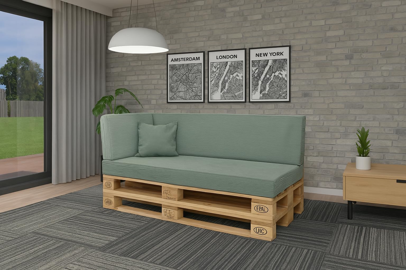 Palettenkissen 3-teiliges Set aus Cordstoff | Sitzkissen & Rückenkissen für Europaletten 120x80 | Weiche Palettenauflage für Wohnzimmer, Garten oder Balkon | Made in EU | Hellblau