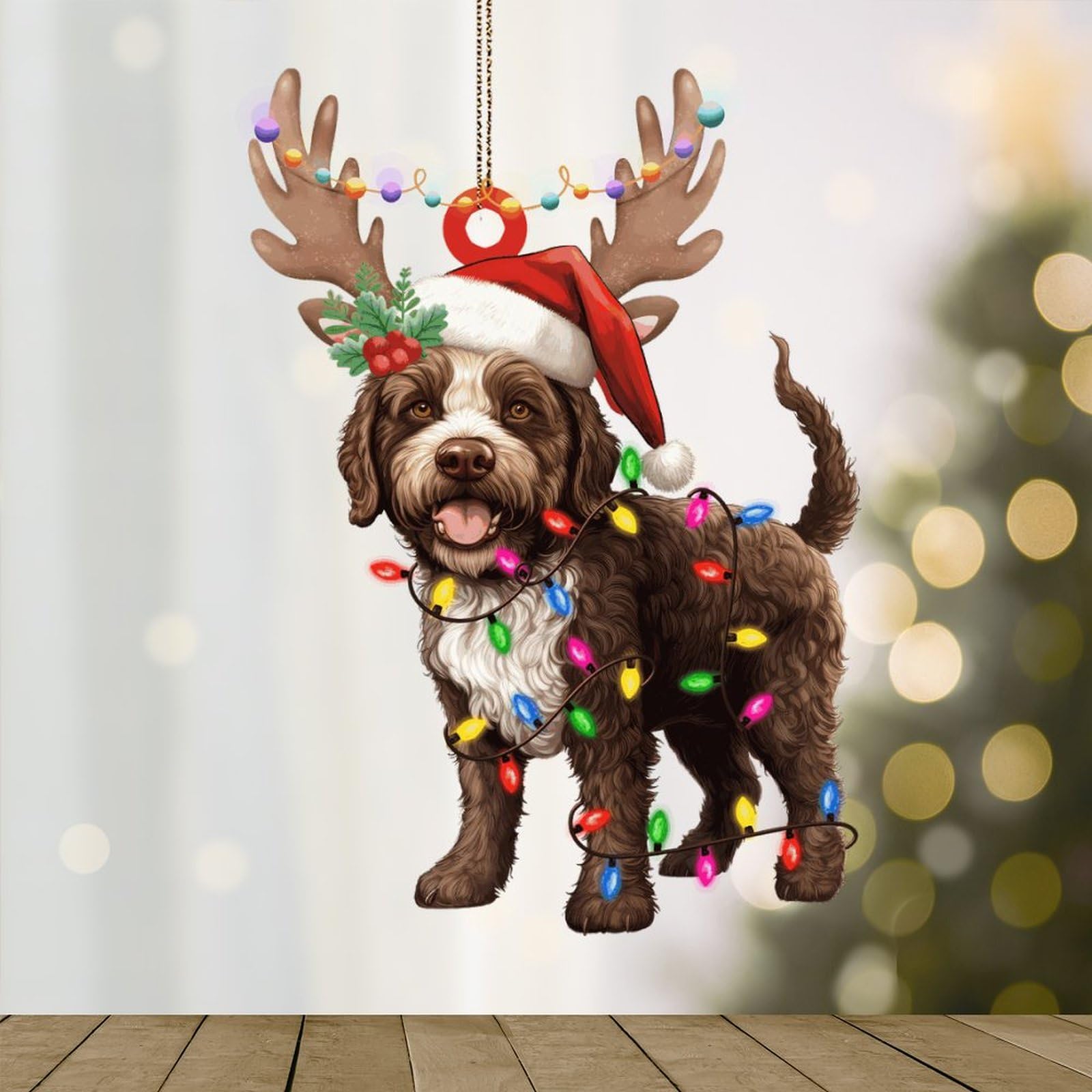 WoGuangis Lagotto Romagnolo Xmas Tree Ornaments Lagotto Romagnolo Dog Lanterns Christmas Antlers Holiday Keepsake Acrylic Christmas Ornament Gift for Dog Lover Christmas Decorations for Tree 3in