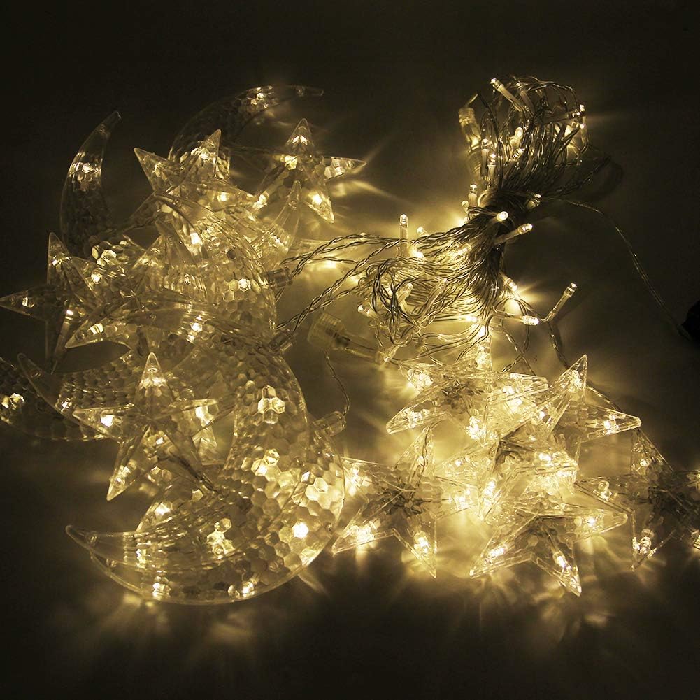 Twinkle Star 138 LED Star Moon Curtain String Lights, Window Curtain Lights with 8 Flashing Modes Ramadan Decoration Christmas Wedding, Party, Home, Patio Lawn Decorations, Warm White