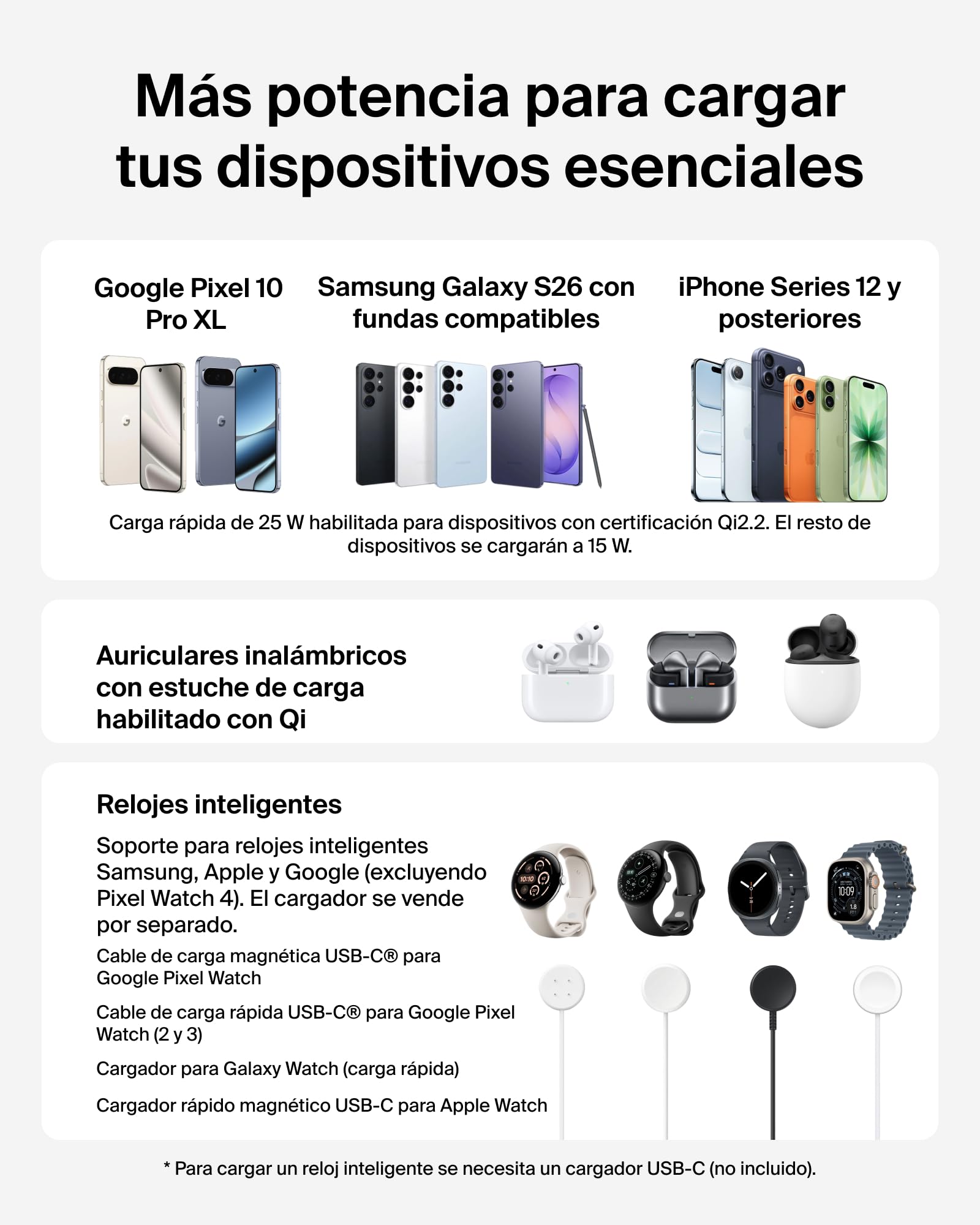 Belkin UltraCharge Pro Cargador Inalámbrico Magnético 3 en 1 Qi2 25W Negro | Estación de Carga Inalámbrica, Puerto USB-C y Certificación Qi2.2, iPhone, Galaxy, Auriculares y Reloj, Adaptador 45W