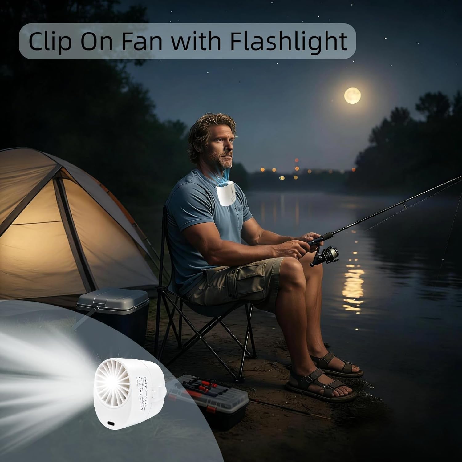 CHICWAY Portable Clip On Fan, 6-Speed Small Waist Fan with LED Display, 20H Rechargeable Personal Fan with Flashlight, Hands-Free Shirt/Belt/Desk Mini Fan for Outdoor, Travel, Camping