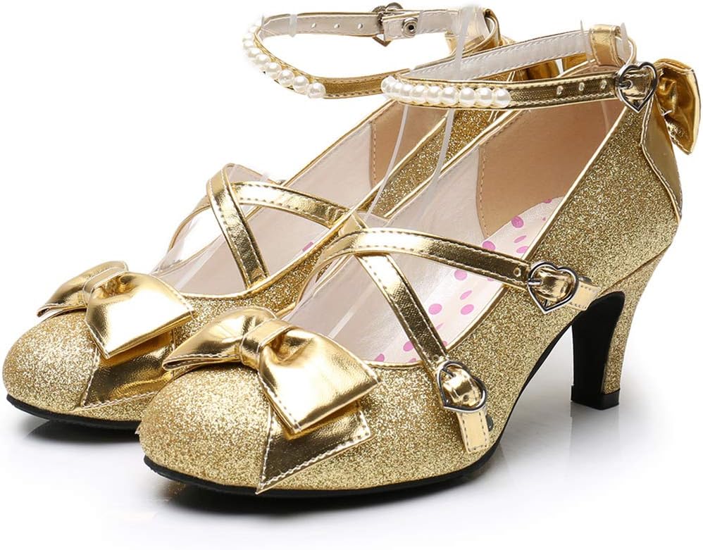 Lorie & KnightWomen's Shiny Silver/Gold Sequin Pumps Criss-Cross Pearl Ankle Strap Princess Lolita Shoes