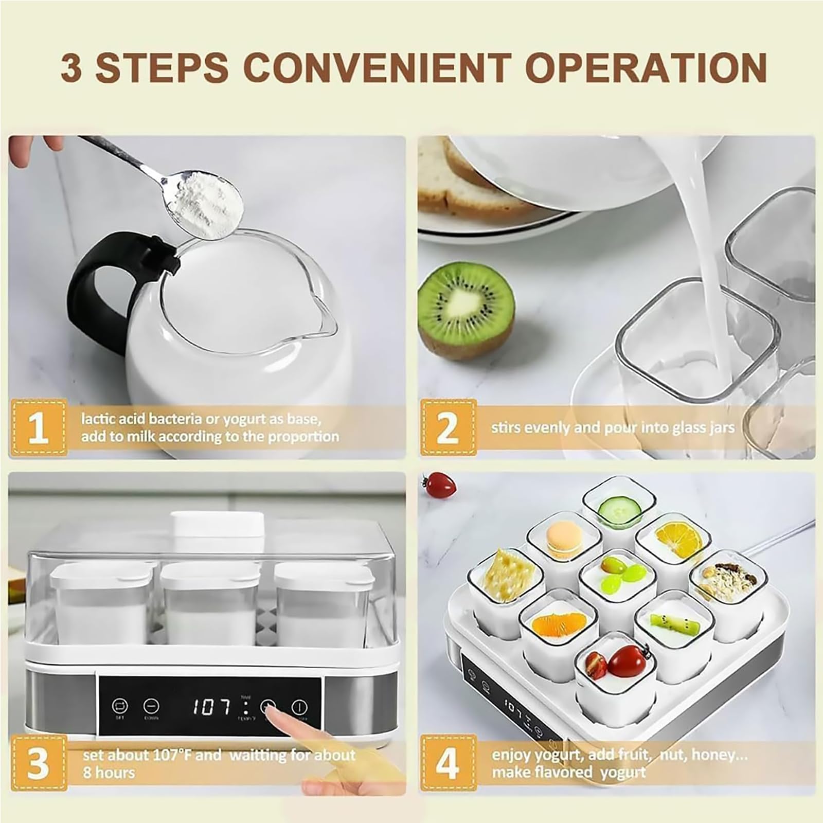 Automatic Yogurt Maker - 9 × 170ML Szklane Słoiki, Regulowana Temperatura & Timer, 40W Stalowa Maszyna Fermentacyjna do Jogurtu Greckiego, Chleba, Natto & Wina Ryżowego