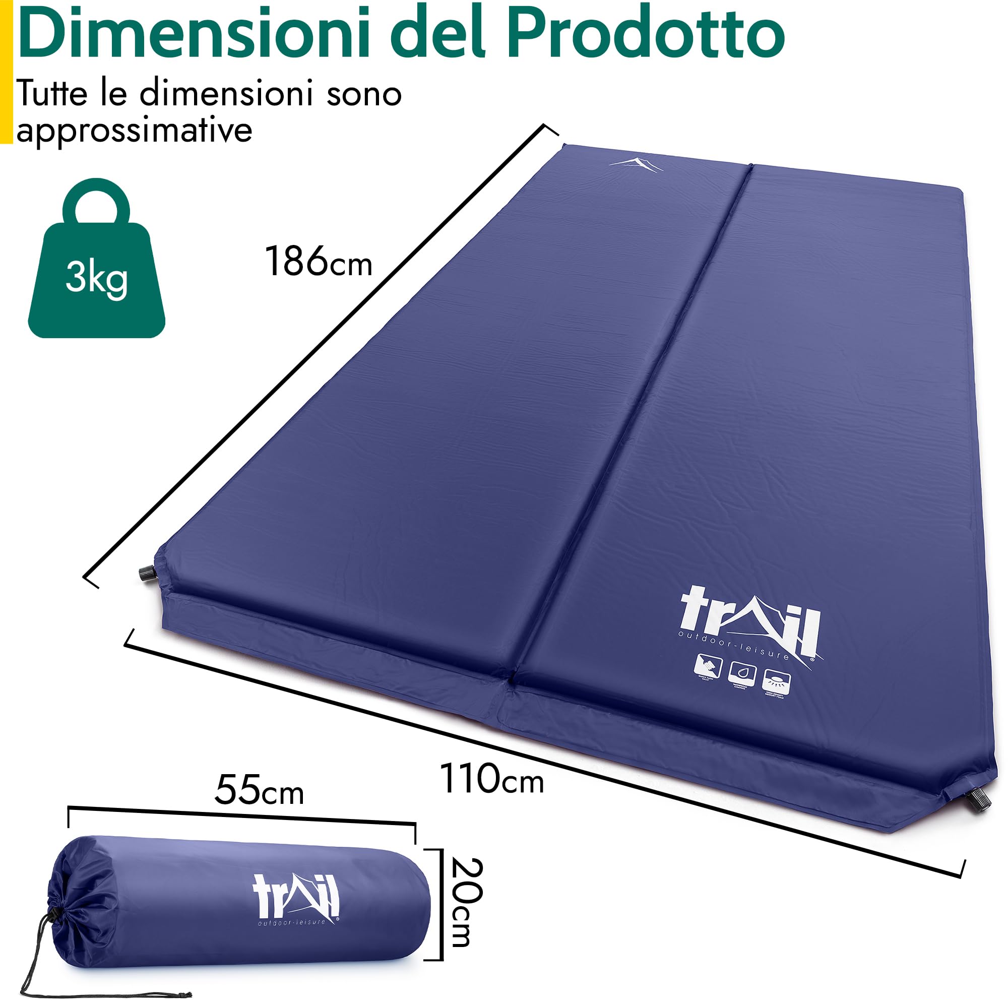 Trail Materassino Gonfiabile da Campeggio Dippio, Materassino Autogonfiante in Memory Foam da 5 cm di Spessore, Materassino da Campeggio Leggero e con Borsa per Il Trasporto