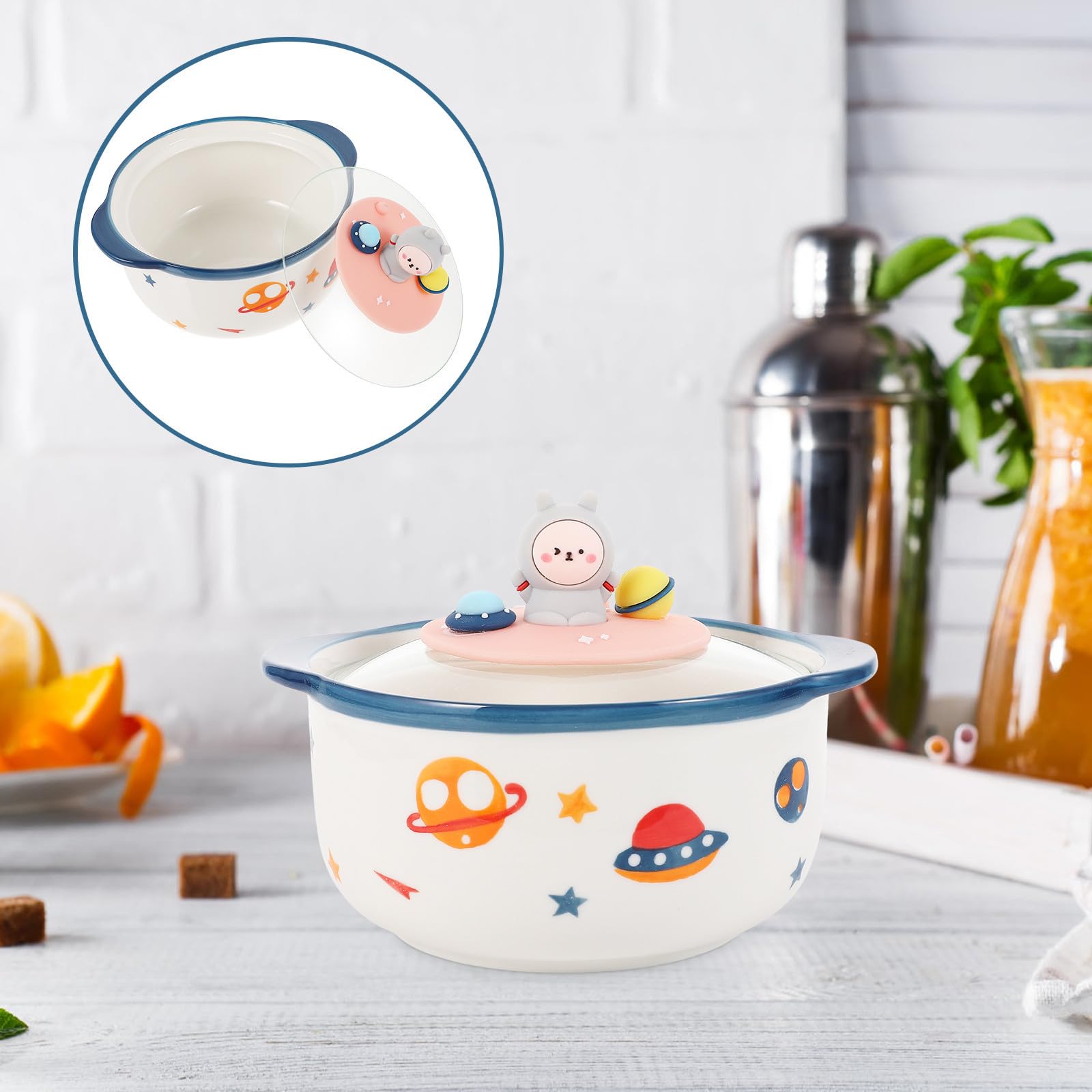 SHOWERORO Tazón de Fideos Creativo 800ml de Cerámica Tapa para Sopa | Blanco, Diseño Espacial y Estilo Tierno, Fácil de Limpiar, para Familias y Uso en Cocina