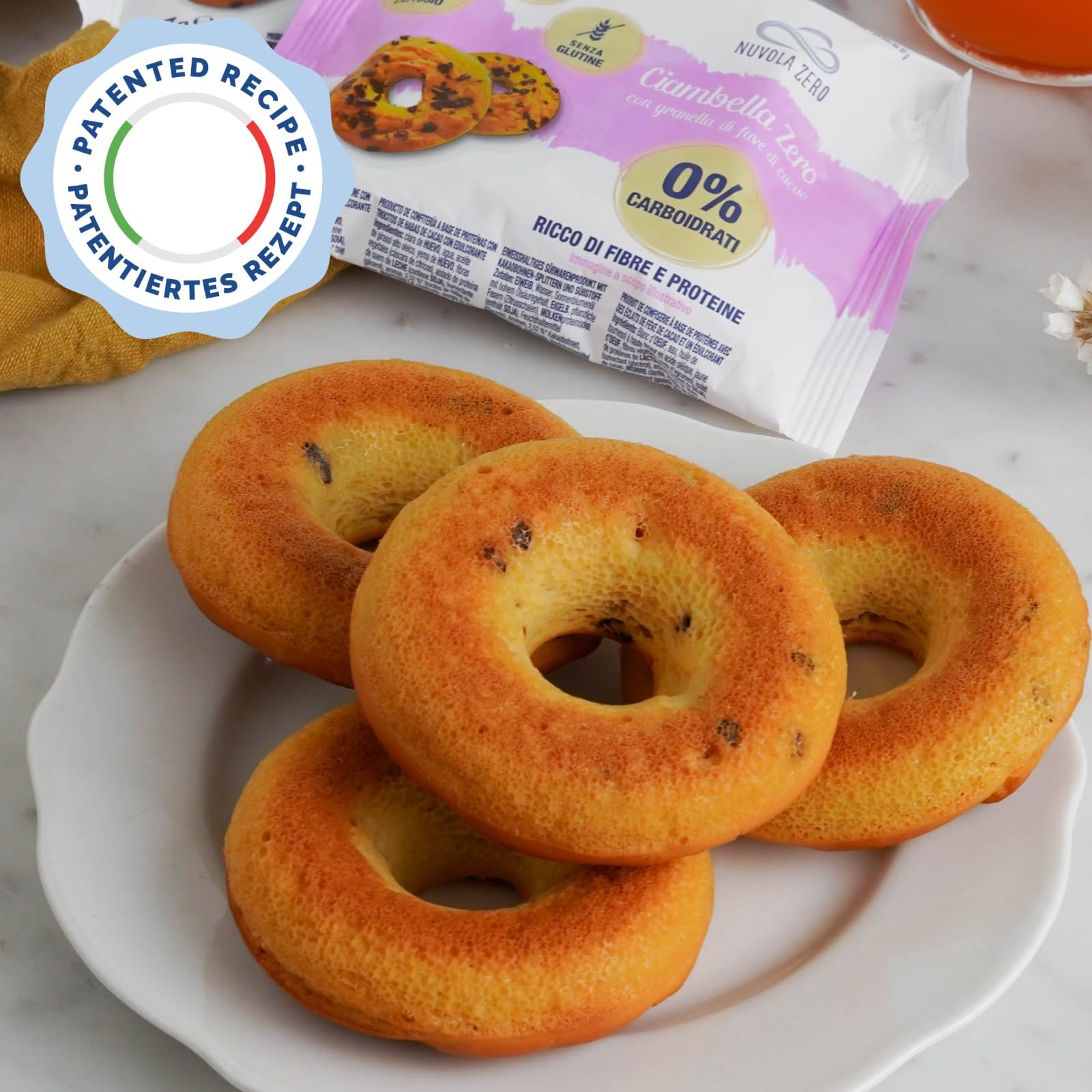 Nuvola Zero - Ciambella Zero, Proteinarme Snacks ohne Zucker, Gluten- und Laktosefrei, ohne Kohlenhydrate, mit Schokolade Stückchen,12er Packung. Made in Italy.