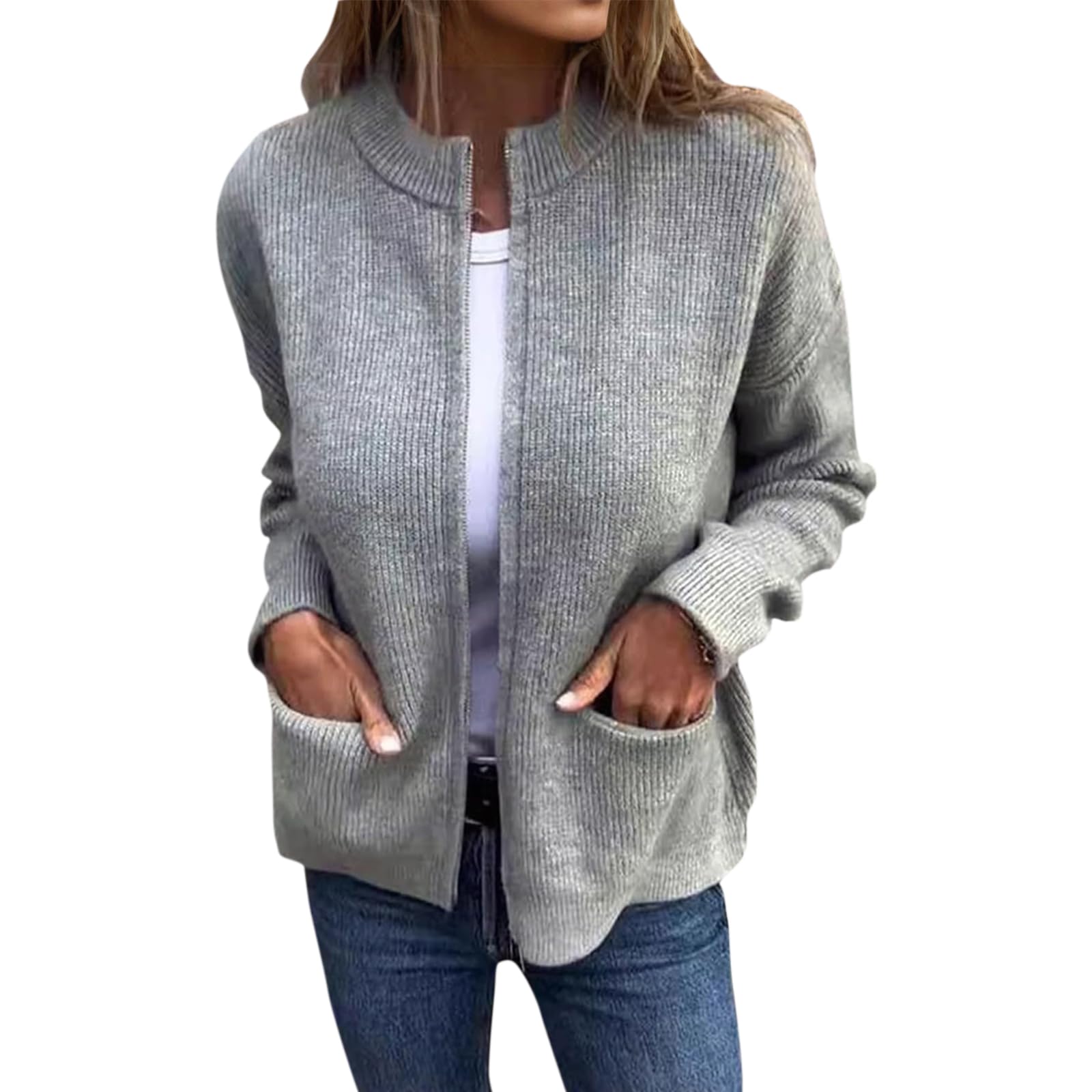 Cardigan Sweaters for Women Zip Up Sweater Jacket Oversized Crew Neck Two Way Zipper Sweater Coats with Pockets