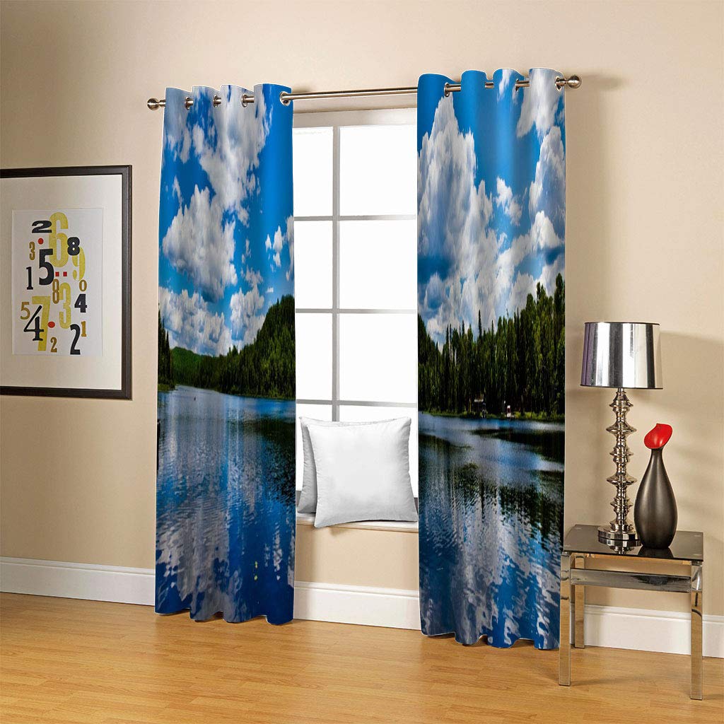 Rideaux Et Draperies Intérieurs 3D Ciel Bleu Nuage Blanc Vue Lac Motif Rideau Occultant À Oeillets Decoration Salon Chambre Maison pour Enfant Adulte 2 Pièces 280x160Cm Design Moderne Imprimé